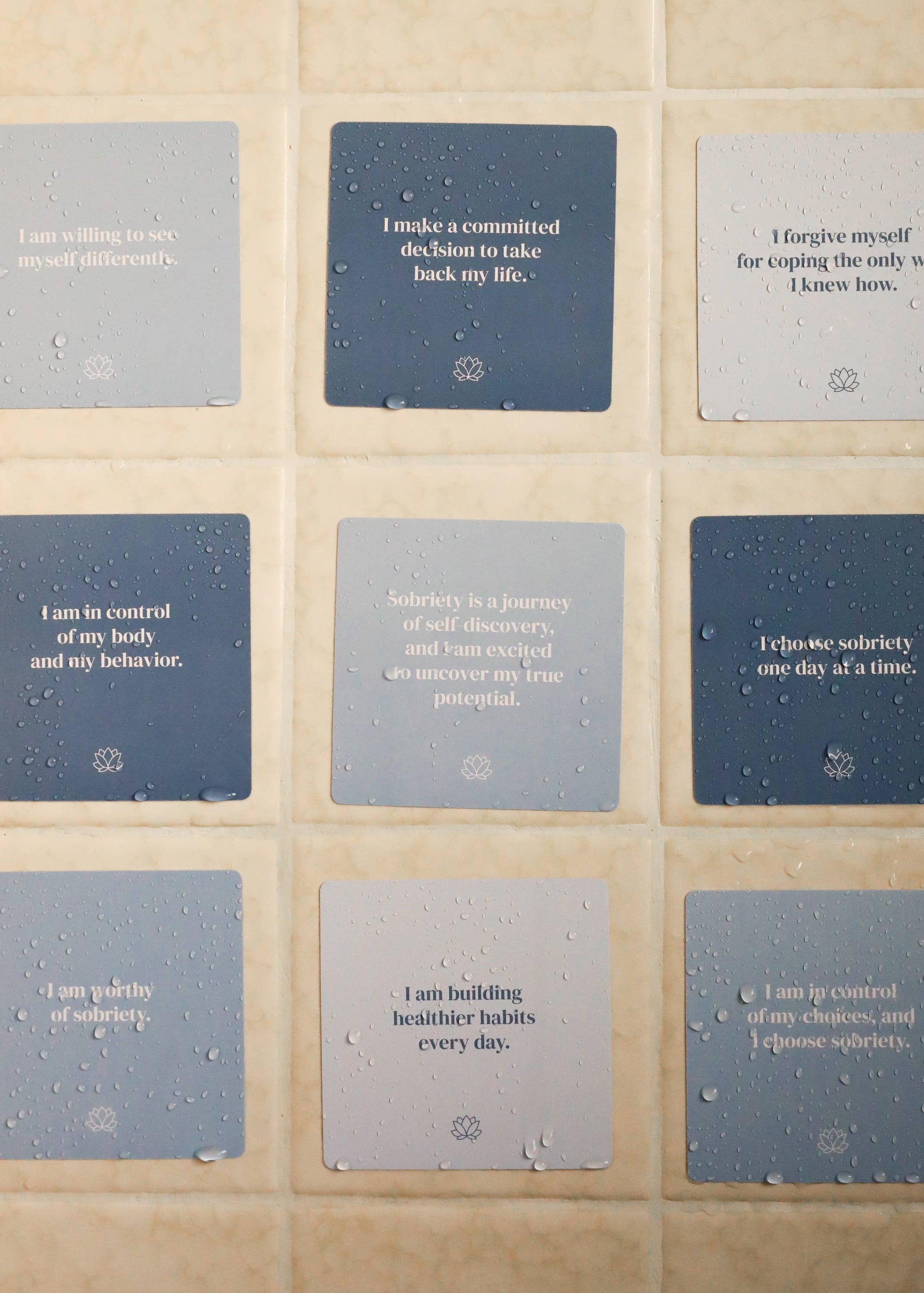 sobriety affirmation cards, recovery affirmation deck, shower affirmation cards, addiction recovery tools, sober support gifts, waterproof affirmation cards, mindfulness recovery tools, daily sobriety reminders