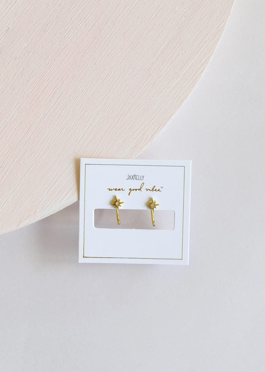 gold star huggies, star huggie earrings, gold huggie hoops, hypoallergenic gold earrings, 18k gold plated huggies, celestial earrings