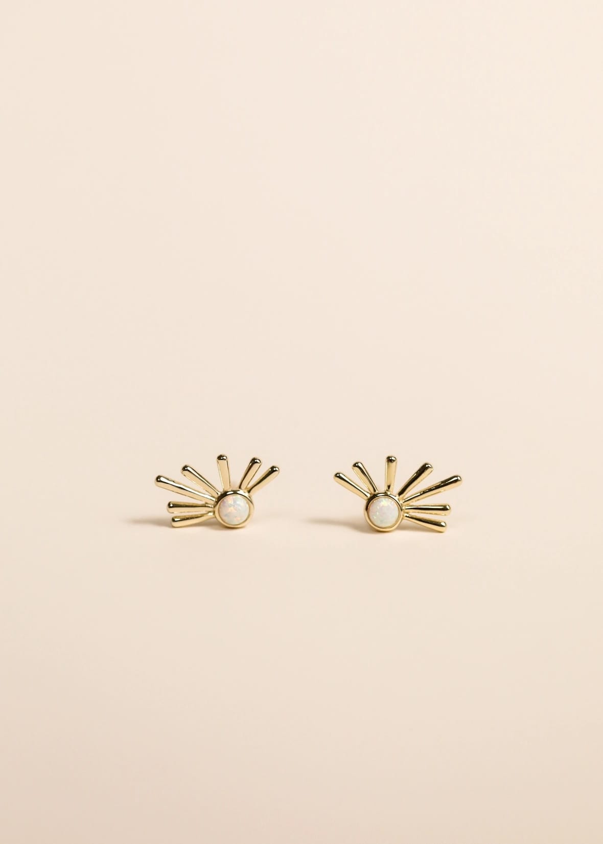 white opal earrings, gold sun earrings, opal stud earrings, celestial gold studs, hypoallergenic opal earrings, dainty opal jewelry, sun ray earrings