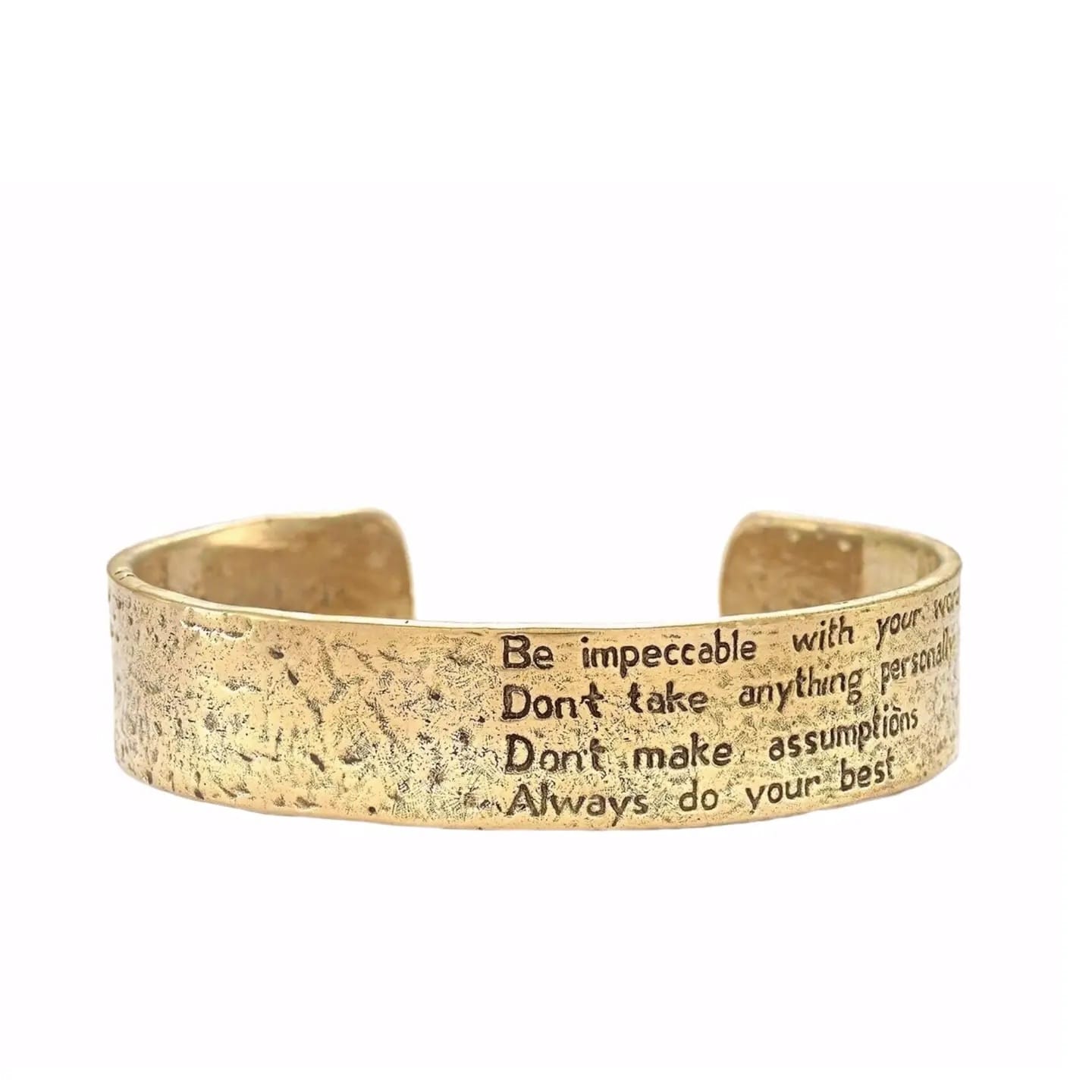 Four Agreements cuff, brass bracelet, mindful jewelry, unisex cuff bracelet, Jewelry Evolution, don Miguel Ruiz jewelry, spiritual bracelet, Toltec wisdom jewelry, affirmation bracelet, YENology accessories