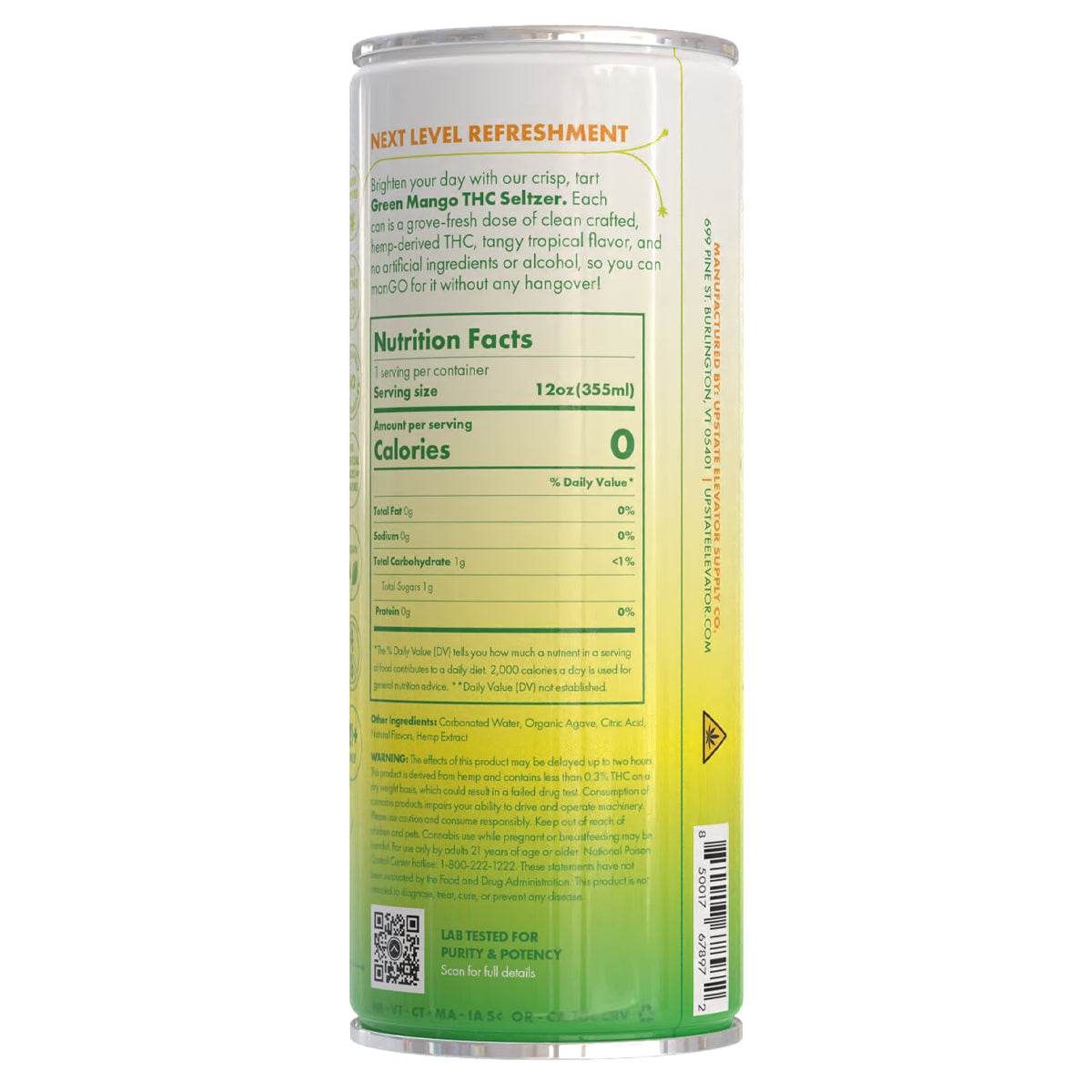 Upstate beverage, THC seltzer, CBD drink, green mango, hemp-derived THC