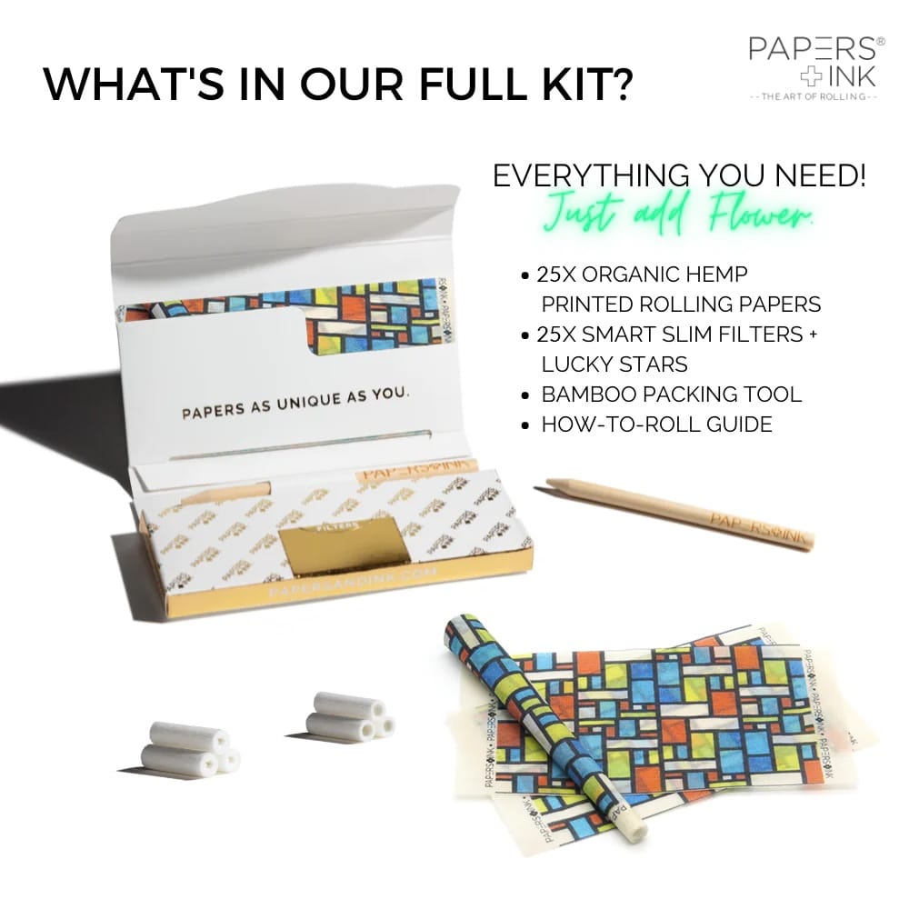 Organic hemp rolling papers
Premium rolling kit with filters
Unbleached queen-size papers
Vegetable ink printed papers