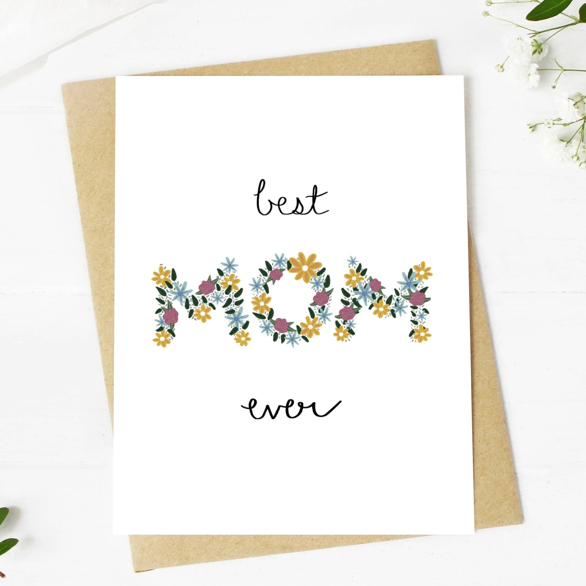 Greeting card with floral design and text 'best mom ever' on a white background