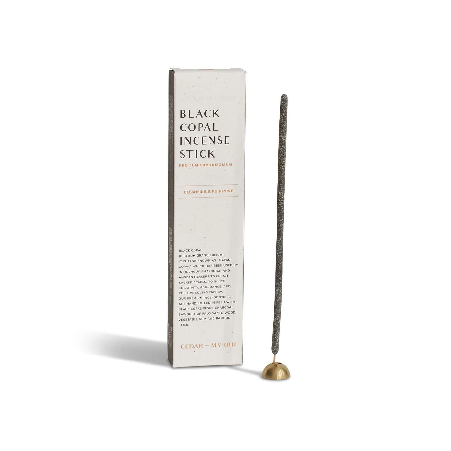 Hand-rolled Black Copal incense stick from Peru , crafted from Protium grandifolium resin with a rich pine and citrus scent used for cleansing and sacred rituals.