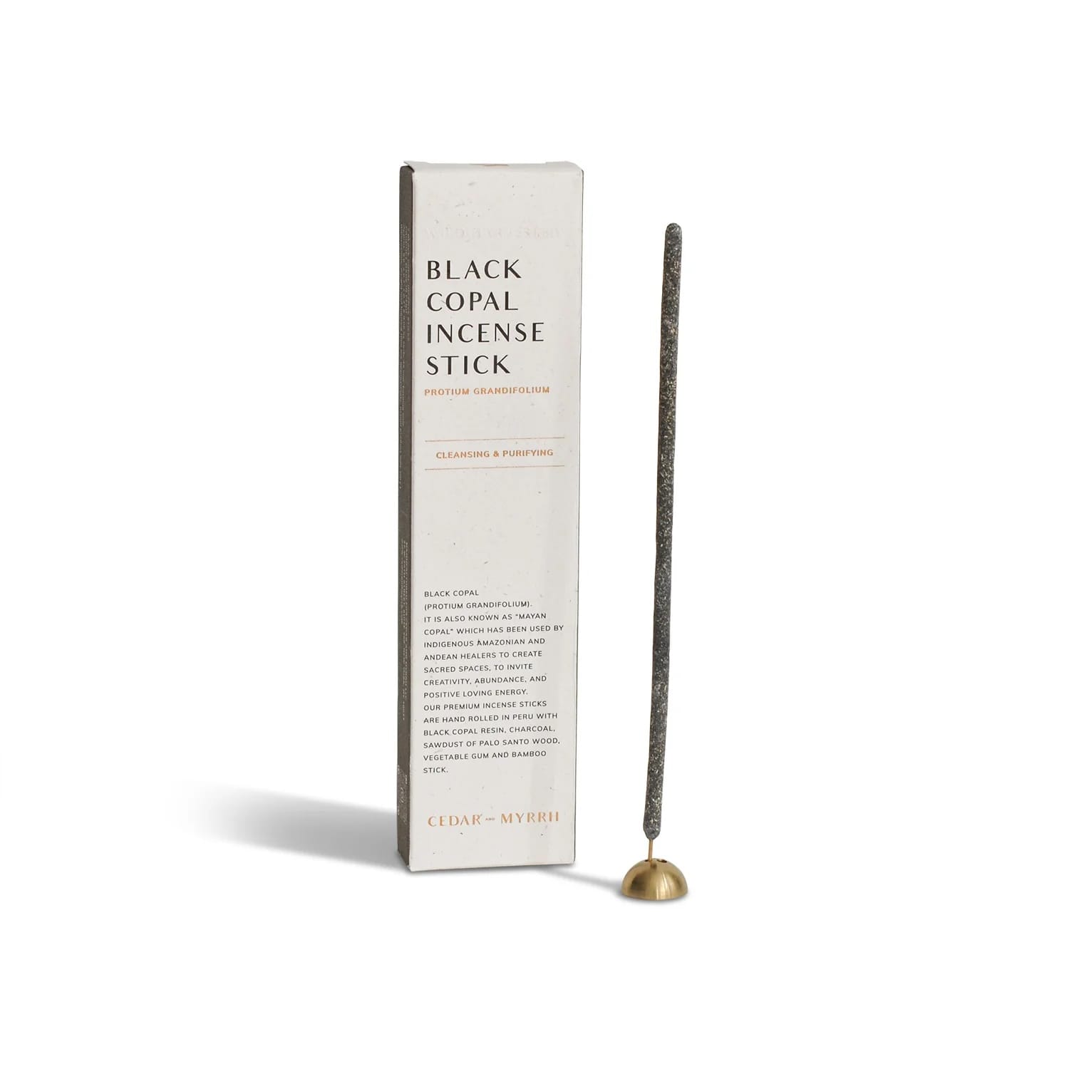 Hand-rolled Black Copal incense stick from Peru , crafted from Protium grandifolium resin with a rich pine and citrus scent used for cleansing and sacred rituals.