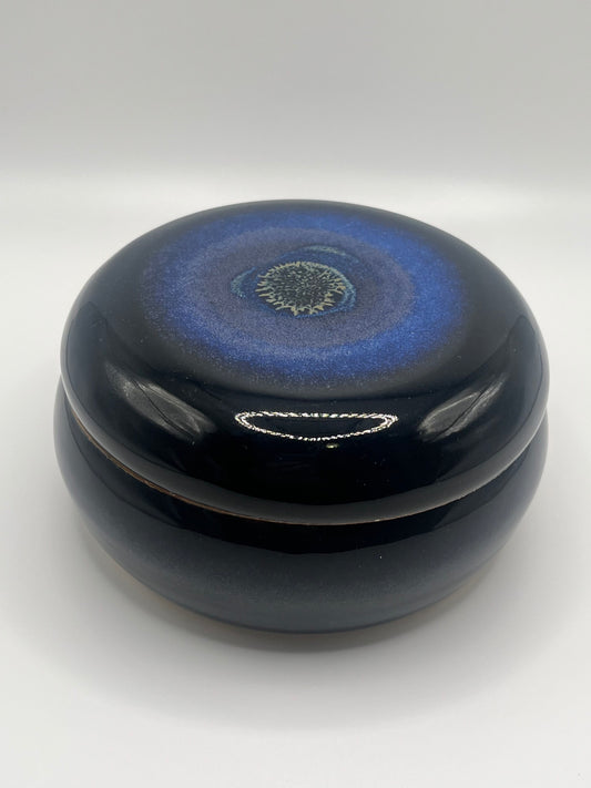 Mike Teal pottery, lidded container, handmade ceramics, blue glaze pottery, wheel-thrown stoneware, small storage jar, artisan ceramics, functional art, Tulsa ceramic artist, YENology artisan collection