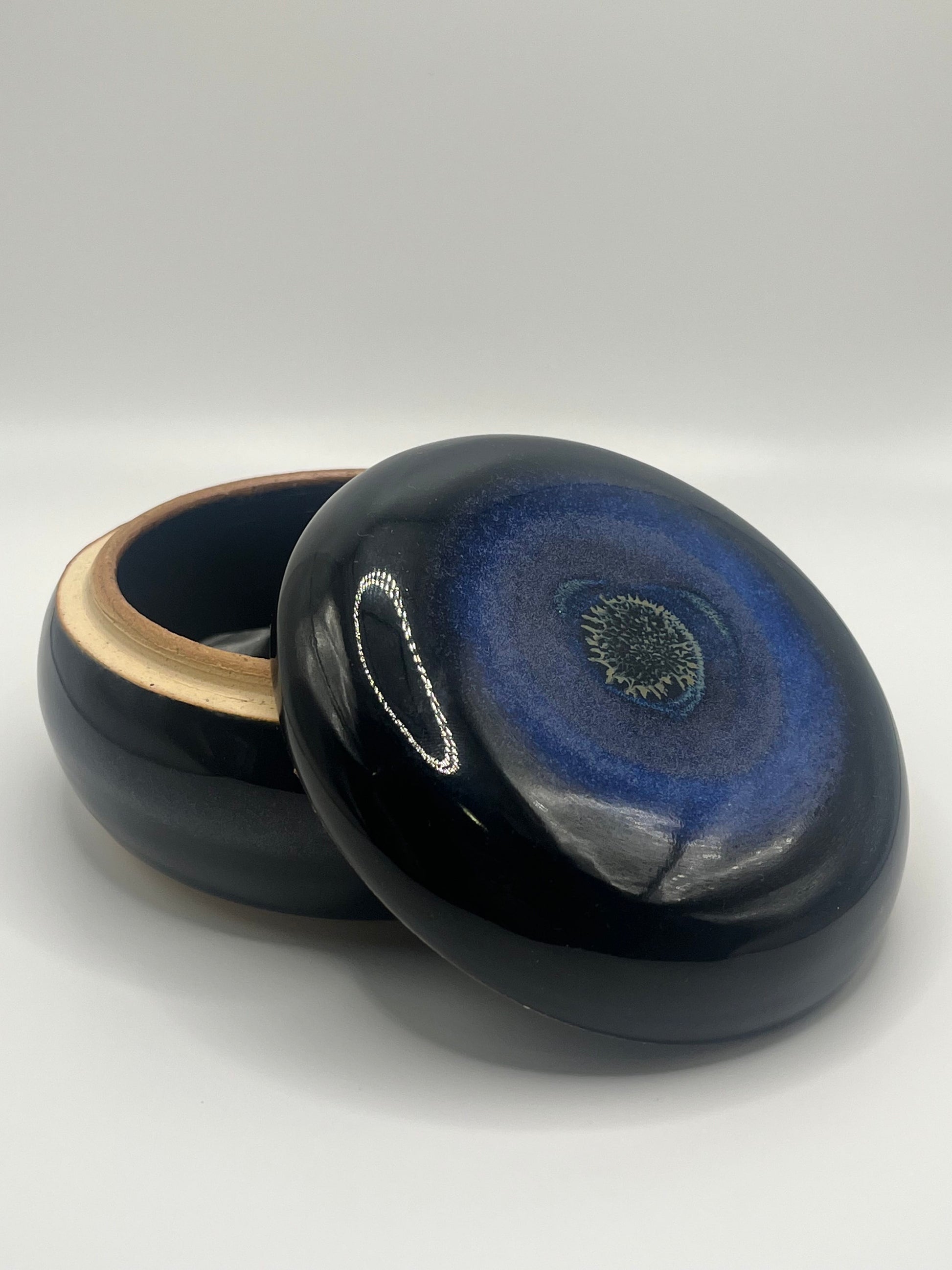 Mike Teal pottery, lidded container, handmade ceramics, blue glaze pottery, wheel-thrown stoneware, small storage jar, artisan ceramics, functional art, Tulsa ceramic artist, YENology artisan collection