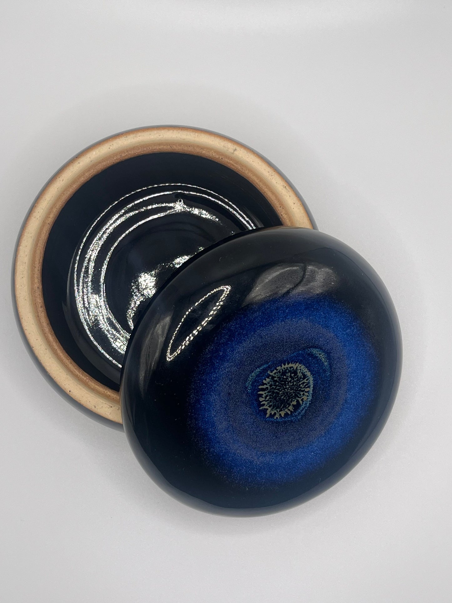 Mike Teal pottery, lidded container, handmade ceramics, blue glaze pottery, wheel-thrown stoneware, small storage jar, artisan ceramics, functional art, Tulsa ceramic artist, YENology artisan collection