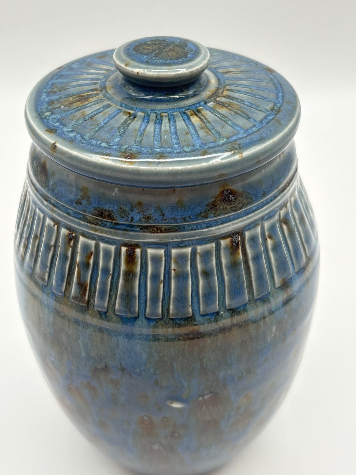 Blue ceramic jar with lid