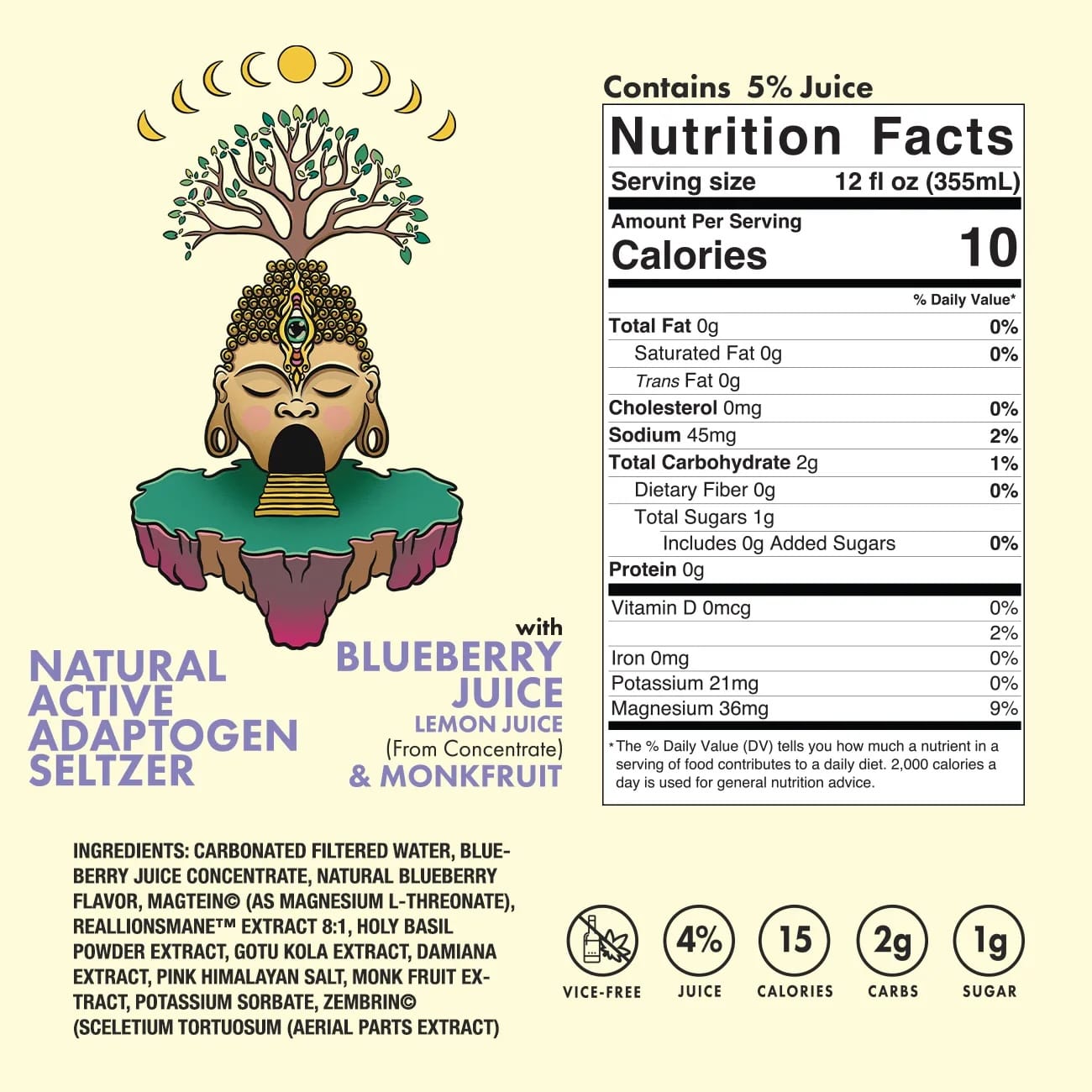 Nutrition facts label for a natural active adaptogen seltzer with blueberry lemon juice and monkfruit.
