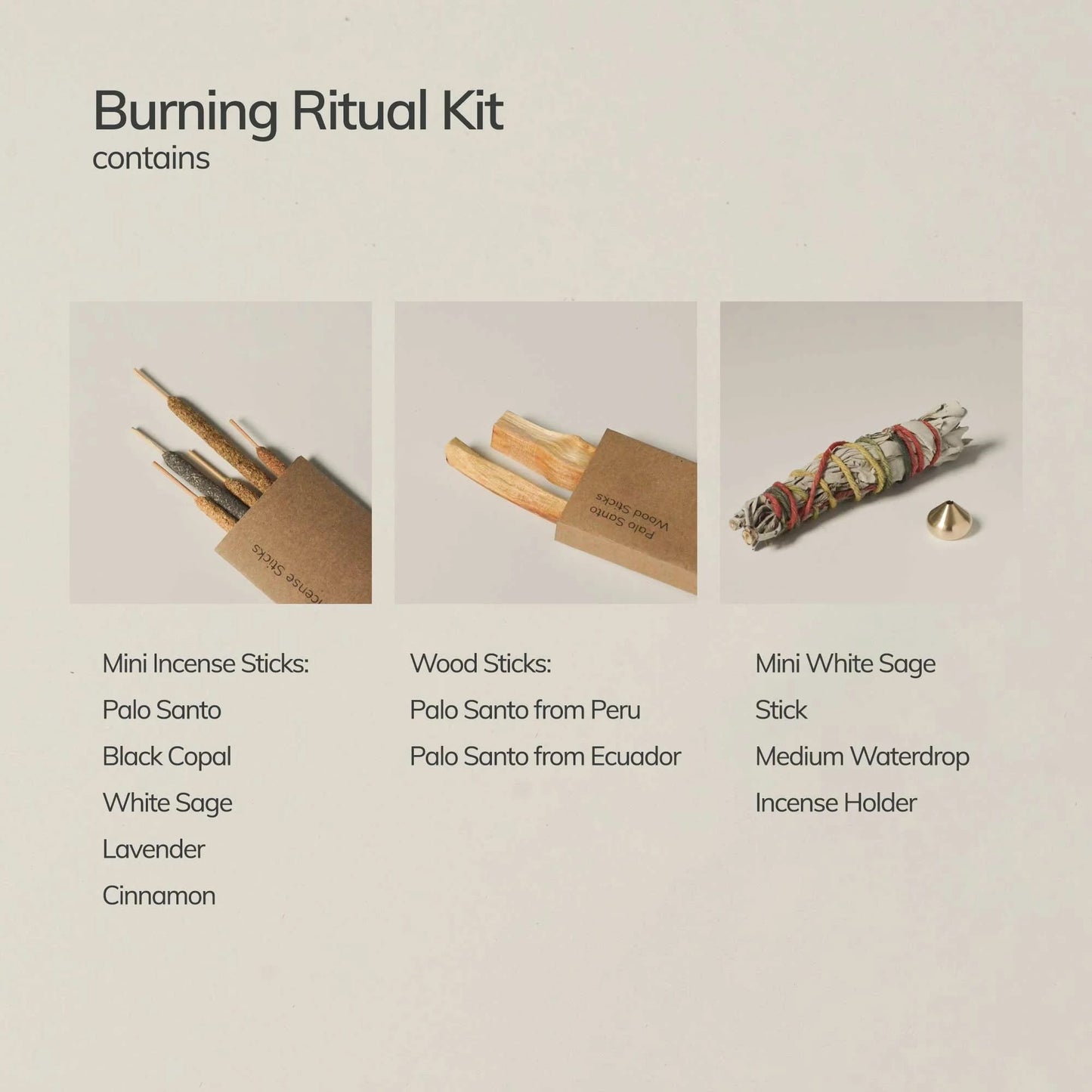 Burning Ritual Kit with mini incense sticks, wood sticks, and a white sage stick on a beige background.