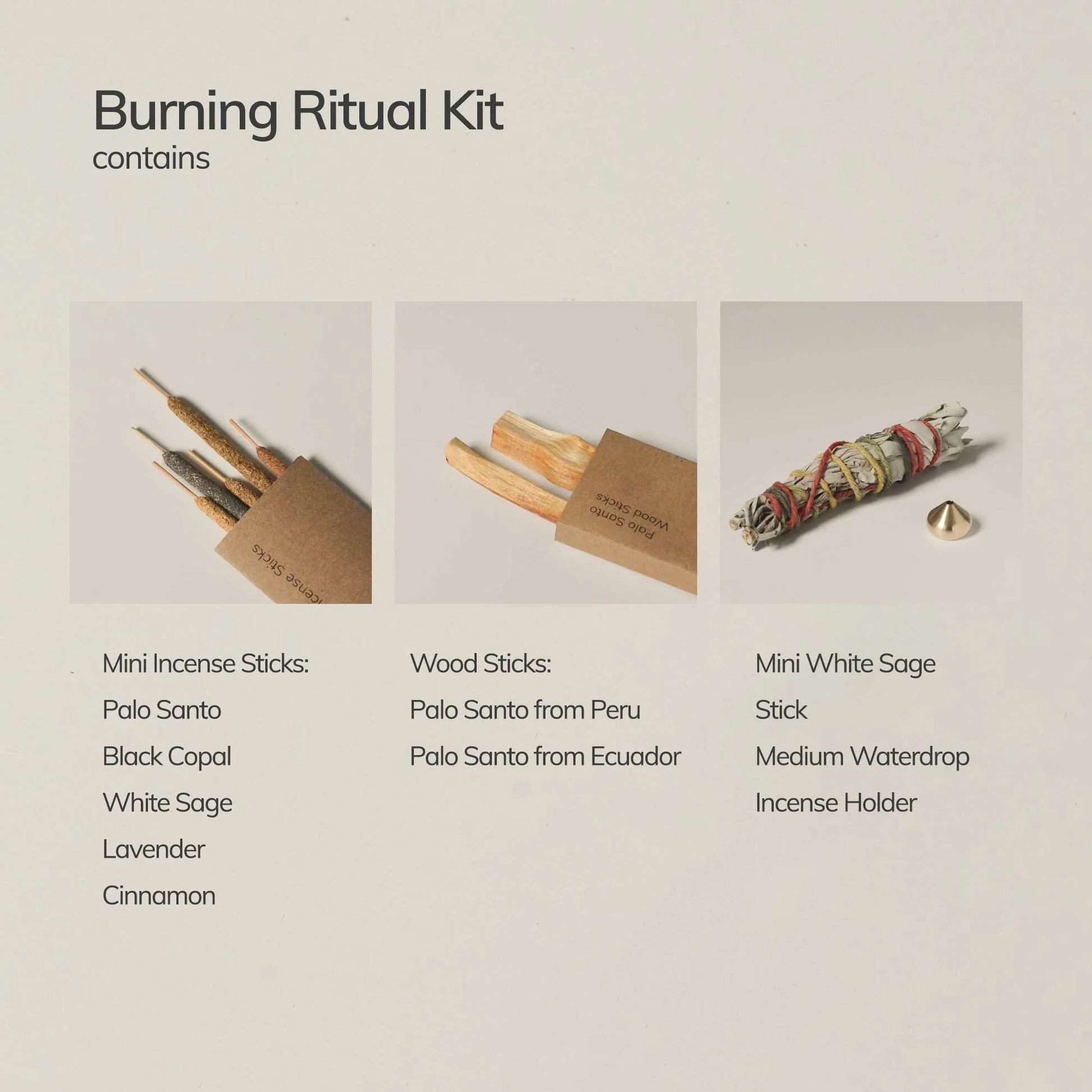 Burning Ritual Kit with mini incense sticks, wood sticks, and a white sage stick on a beige background.