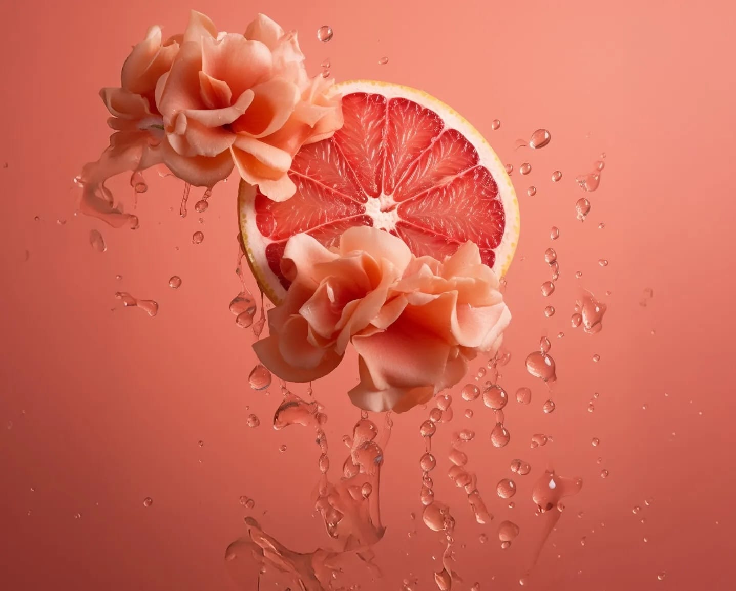 Sliced grapefruit with flowers on a pink background