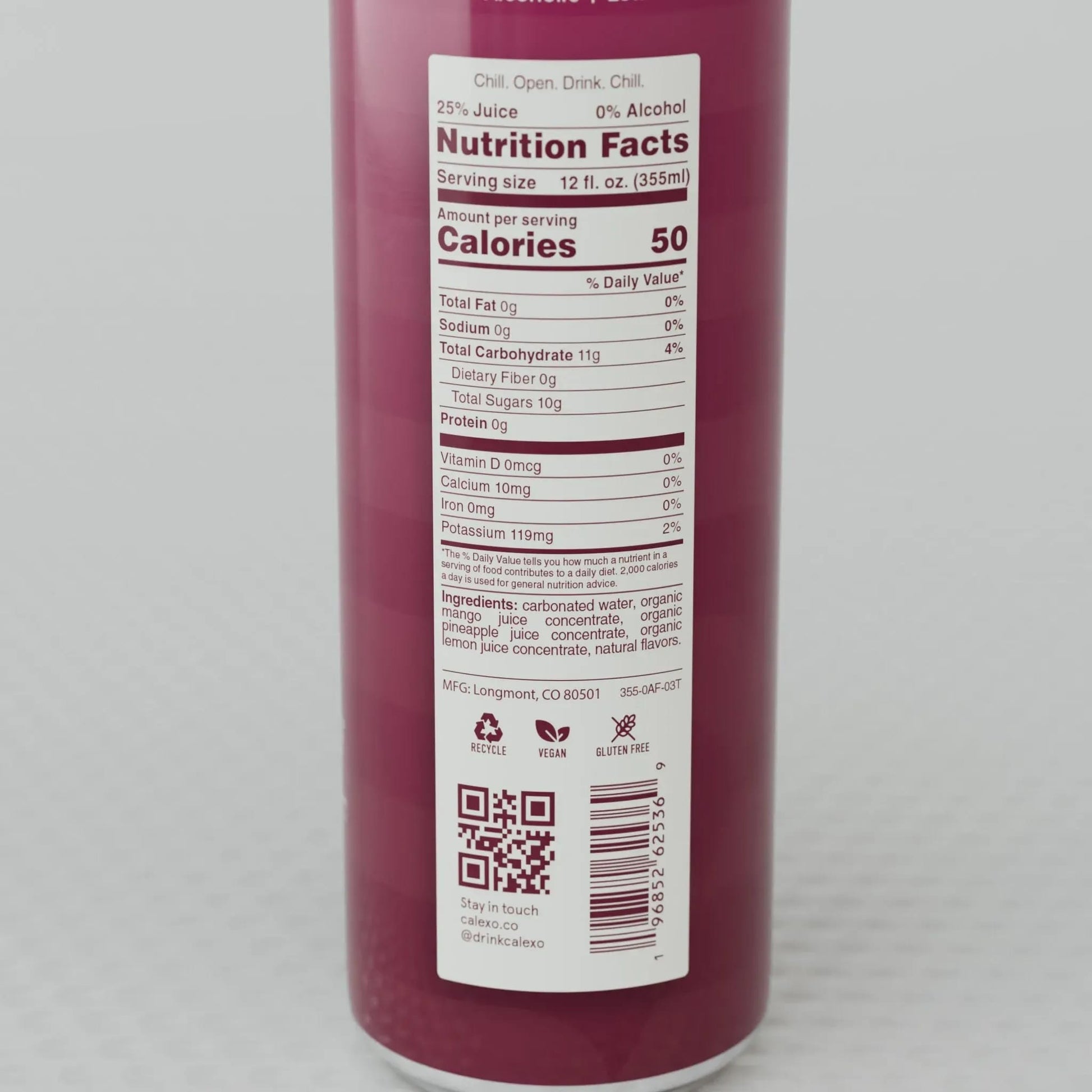 Nutrition facts label on Calexico SemiTropic sparkling beverage can 