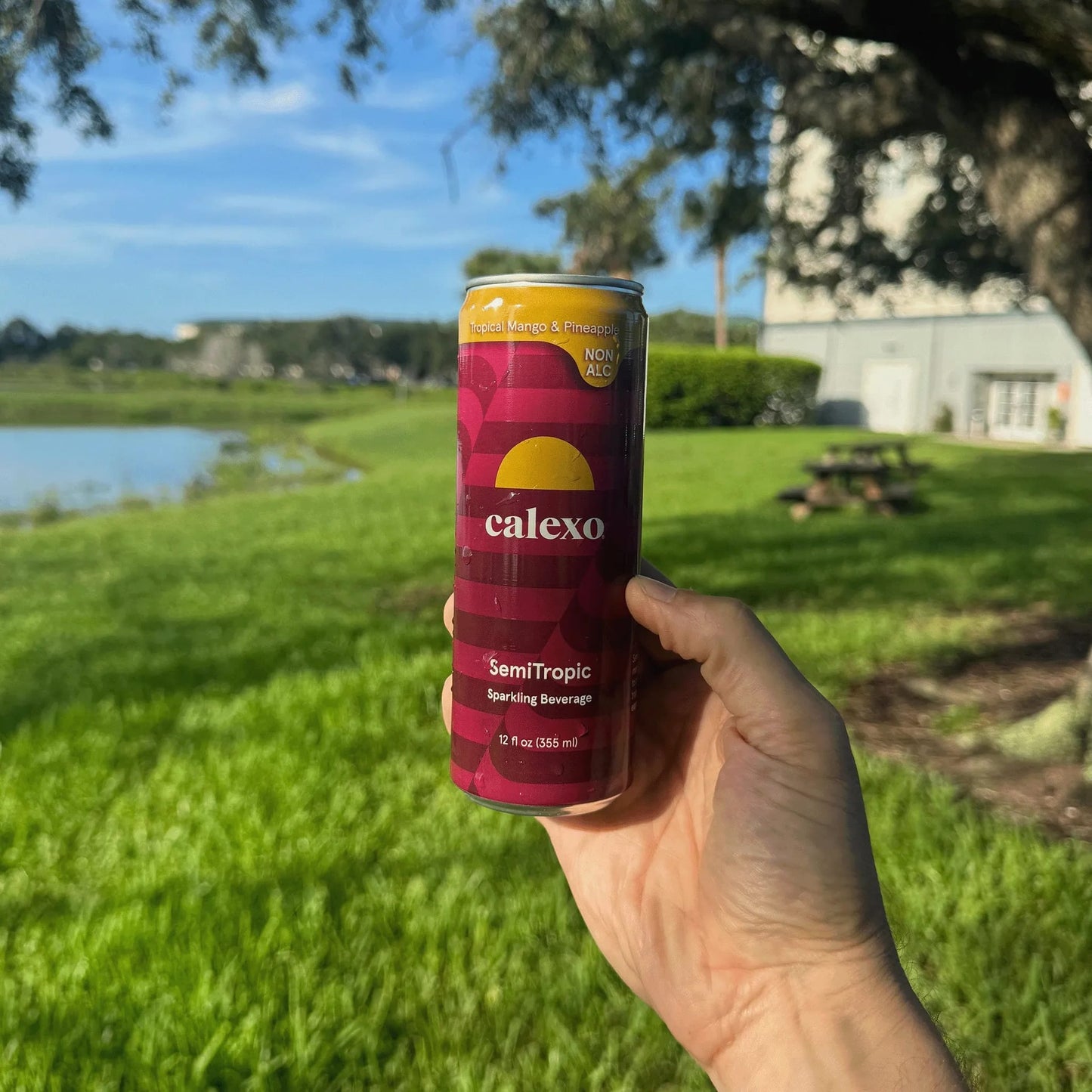 Person holding a red can of 'calexo' semi-tropical beverage outdoors with green grass and trees in the background.