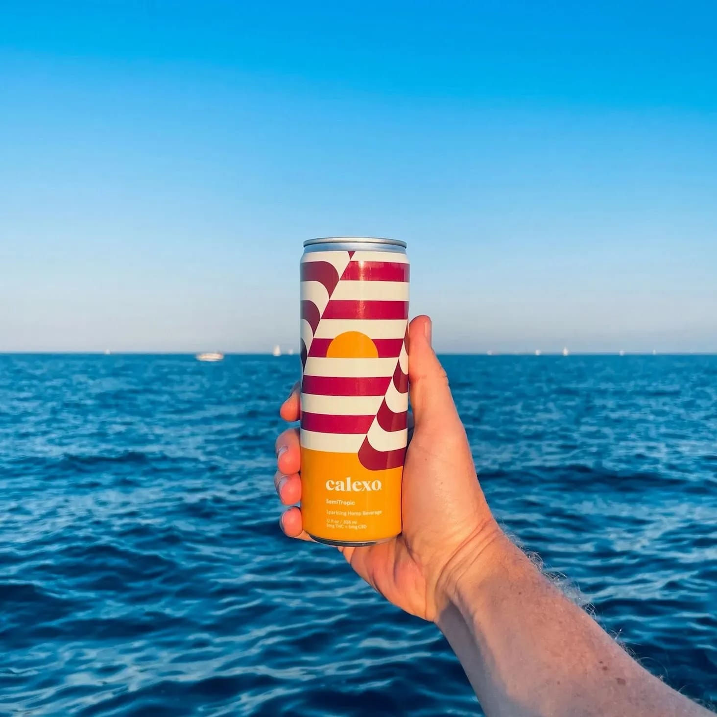 Hand holding a colorful can with 'calexo' branding against a blue ocean background