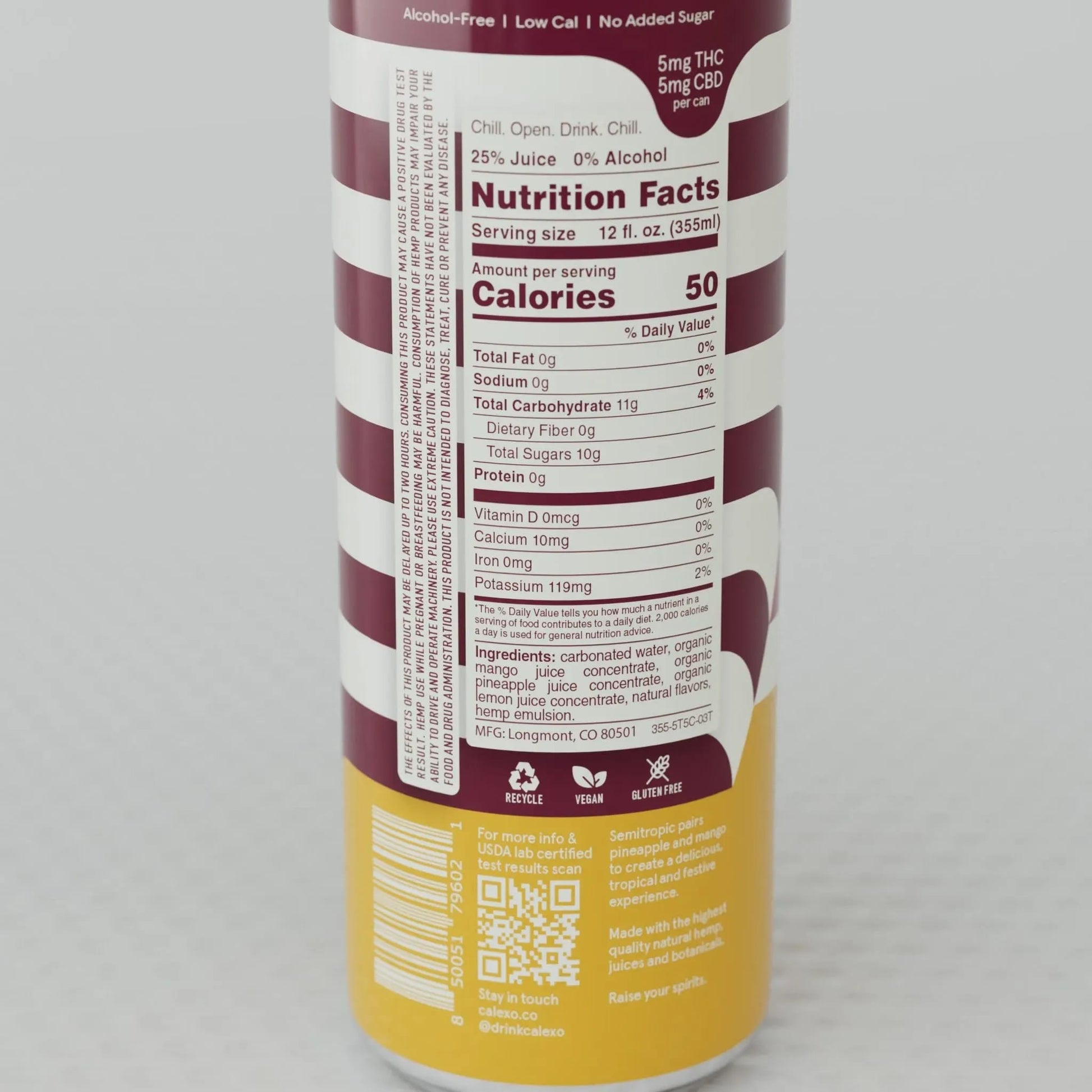Nutrition facts label Calexo SemiTropic sparkling hemp beverage 