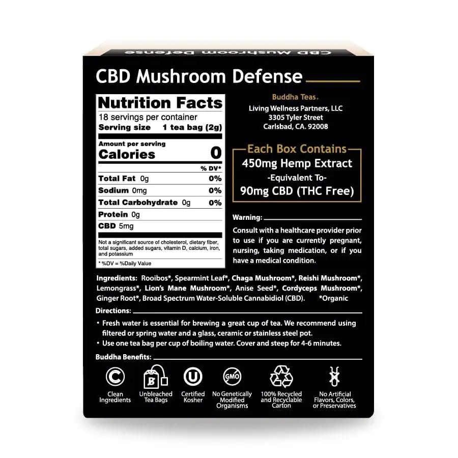 CBD Mushroom Defense tea box with nutritional information and ingredients on a white background