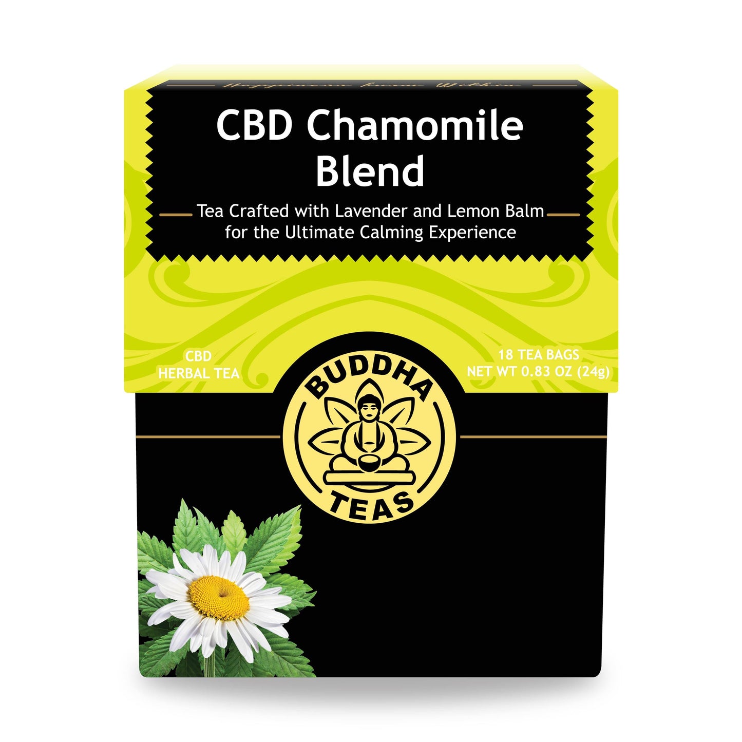CBD Chamomile Blend tea package with Buddha Teas logo on a white background