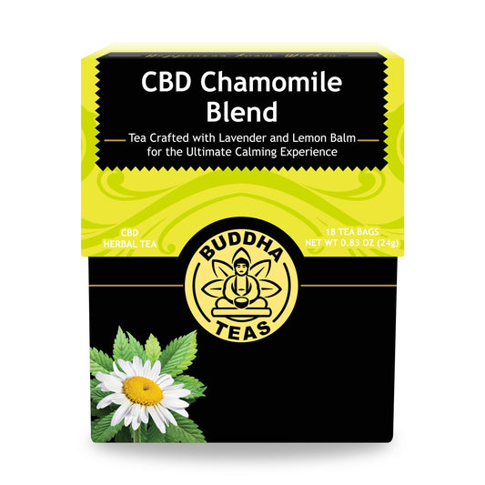 CBD Chamomile Blend tea package with Buddha Teas logo on a white background