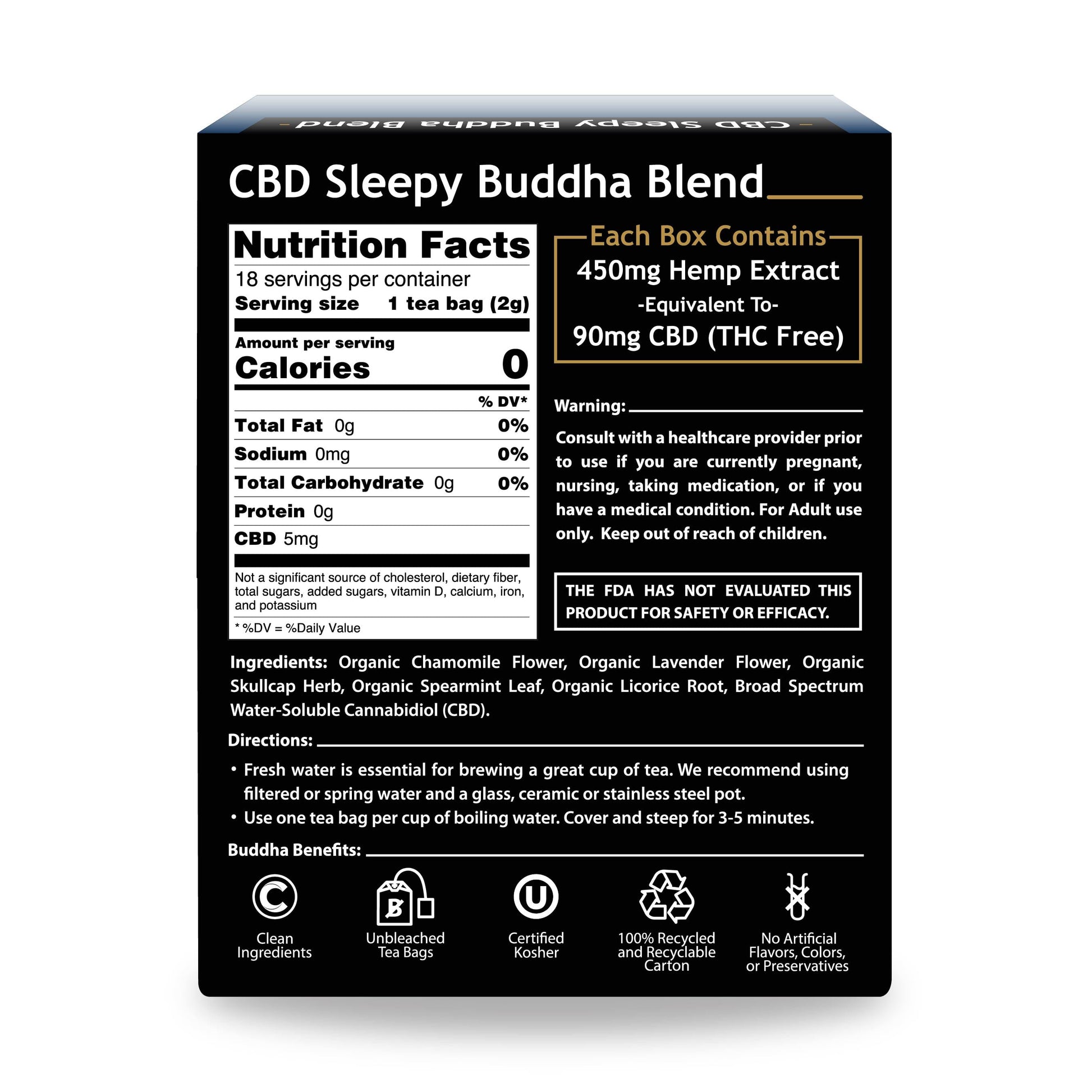 CBD Sleepy Buddha Blend tea box with nutritional facts and ingredients on a white background