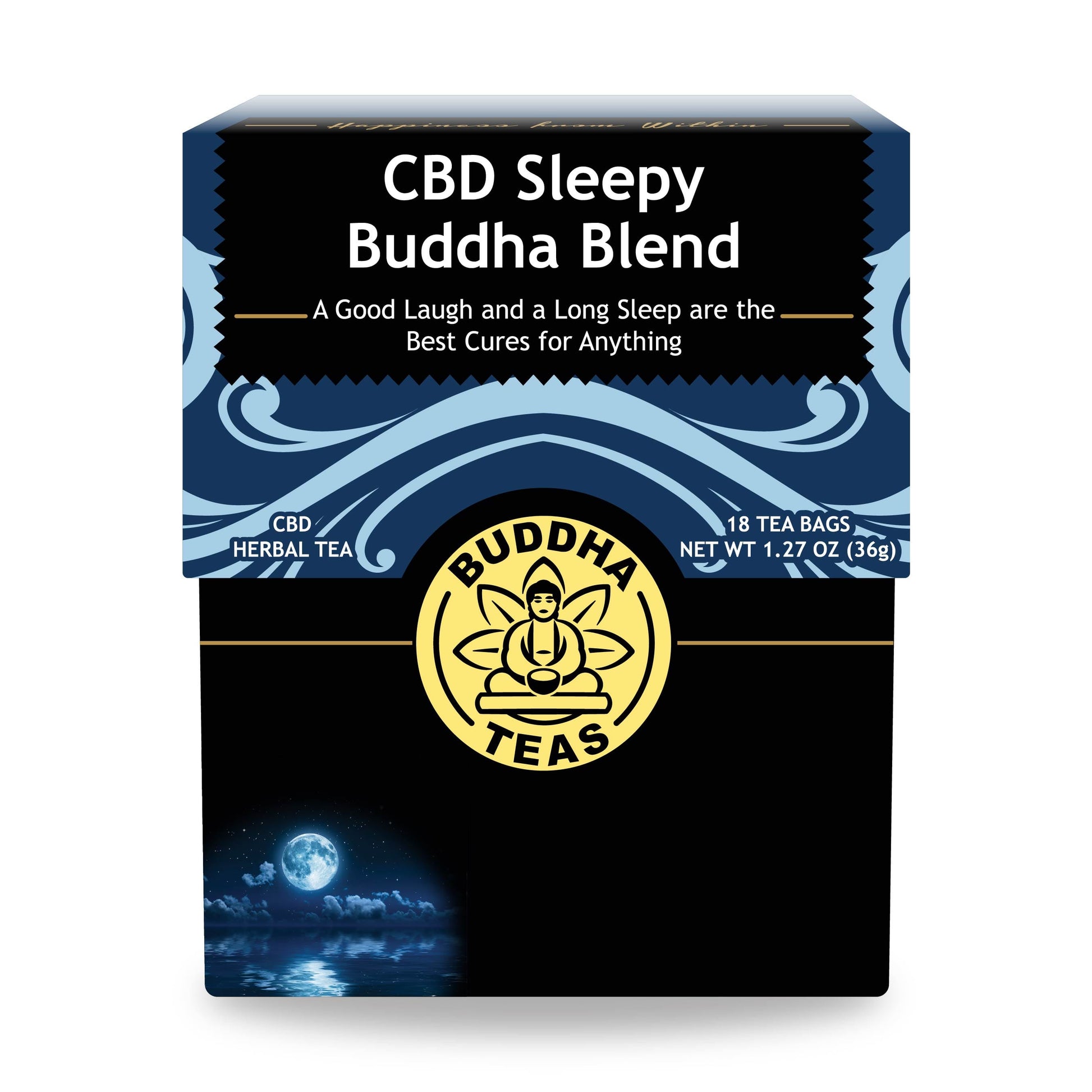 Relax and drift off naturally with Buddha Teas CBD Sleepy Buddha Blend — chamomile, valerian, and THC-free CBD for restful sleep.