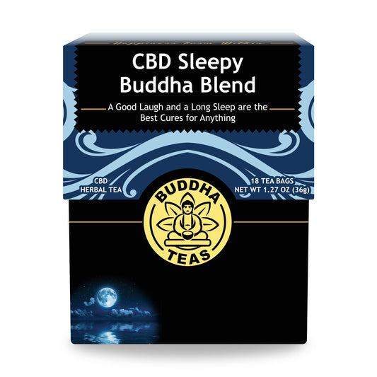 Relax and drift off naturally with Buddha Teas CBD Sleepy Buddha Blend — chamomile, valerian, and THC-free CBD for restful sleep.