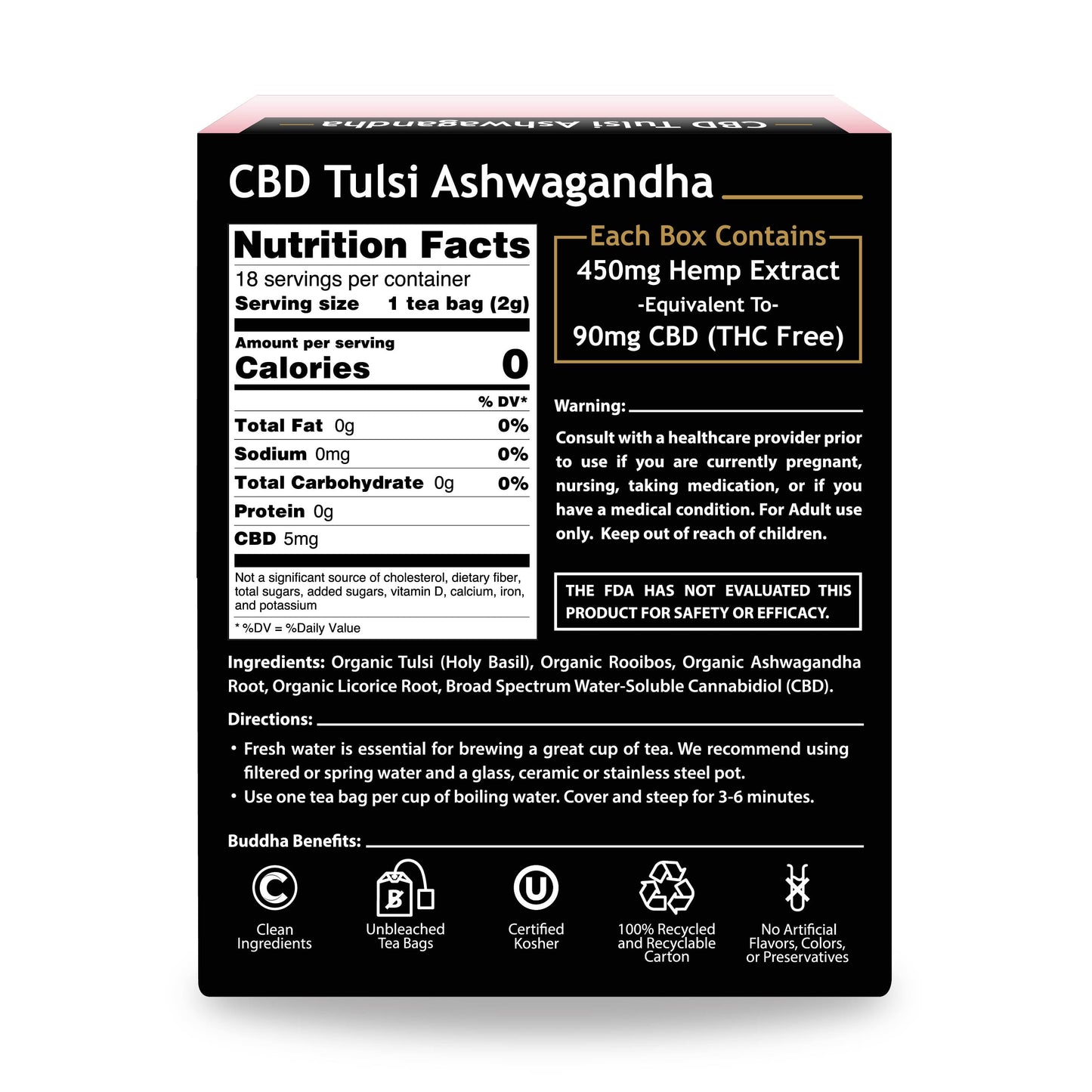 CBD Tulsi Ashwagandha product packaging with nutrition facts and ingredients listed.