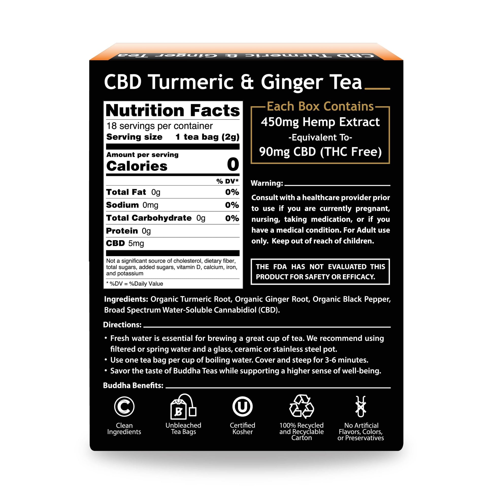 CBD Turmeric & Ginger Tea box with nutrition facts and tea bag instructions.