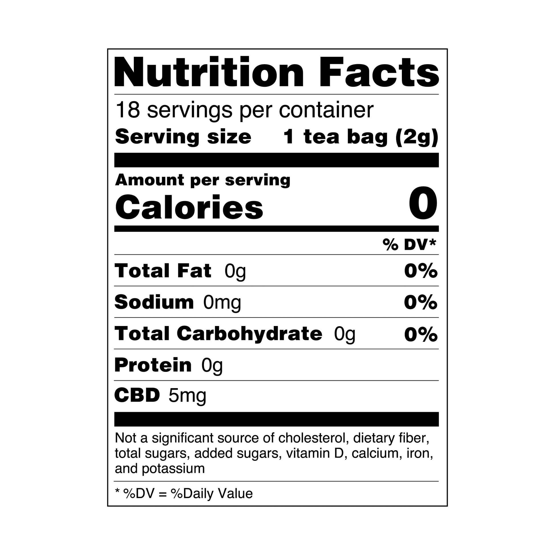 Nutrition facts label for a tea product with zero calories and minimal nutritional content.