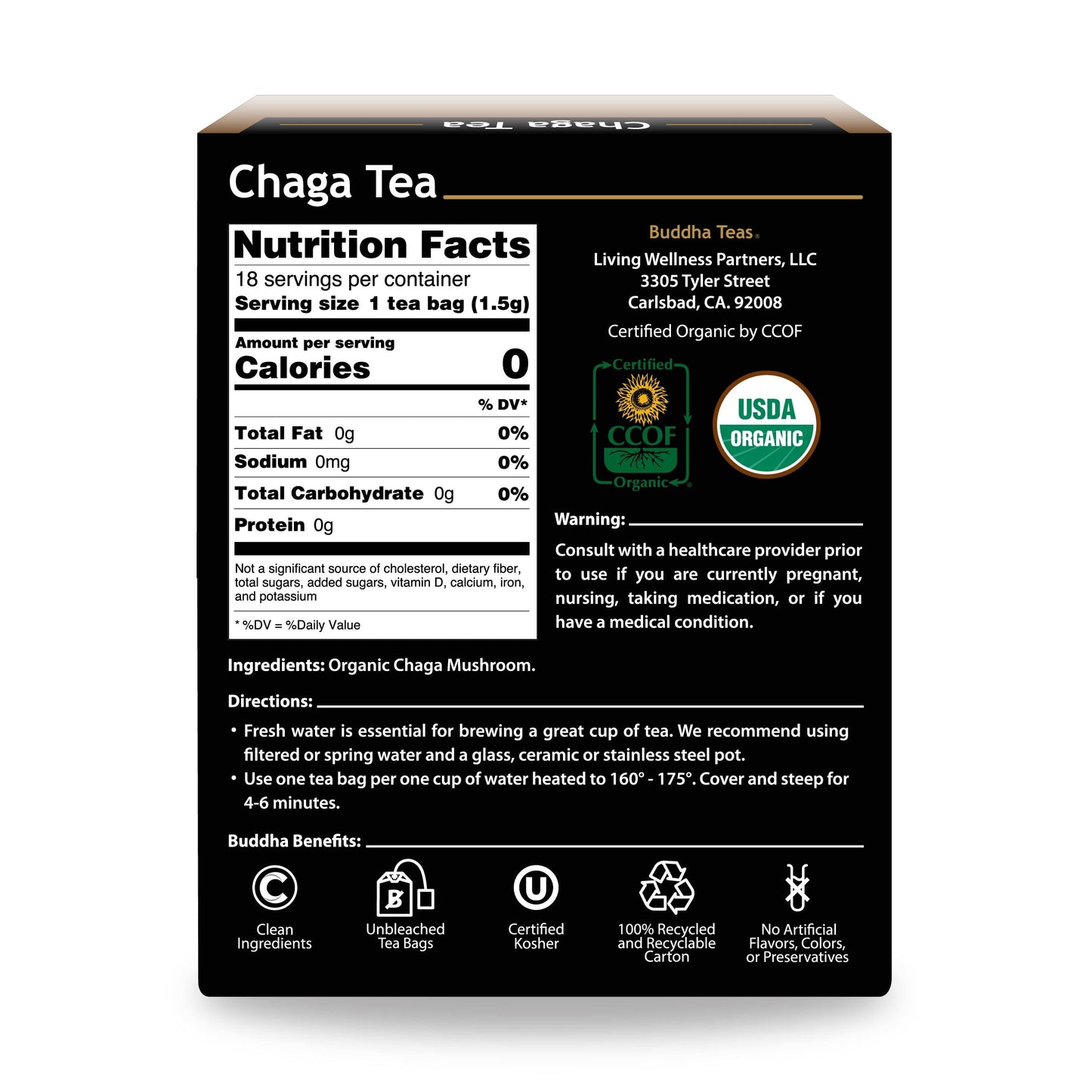 Box of Chaga Tea with nutrition facts and branding information on a white background