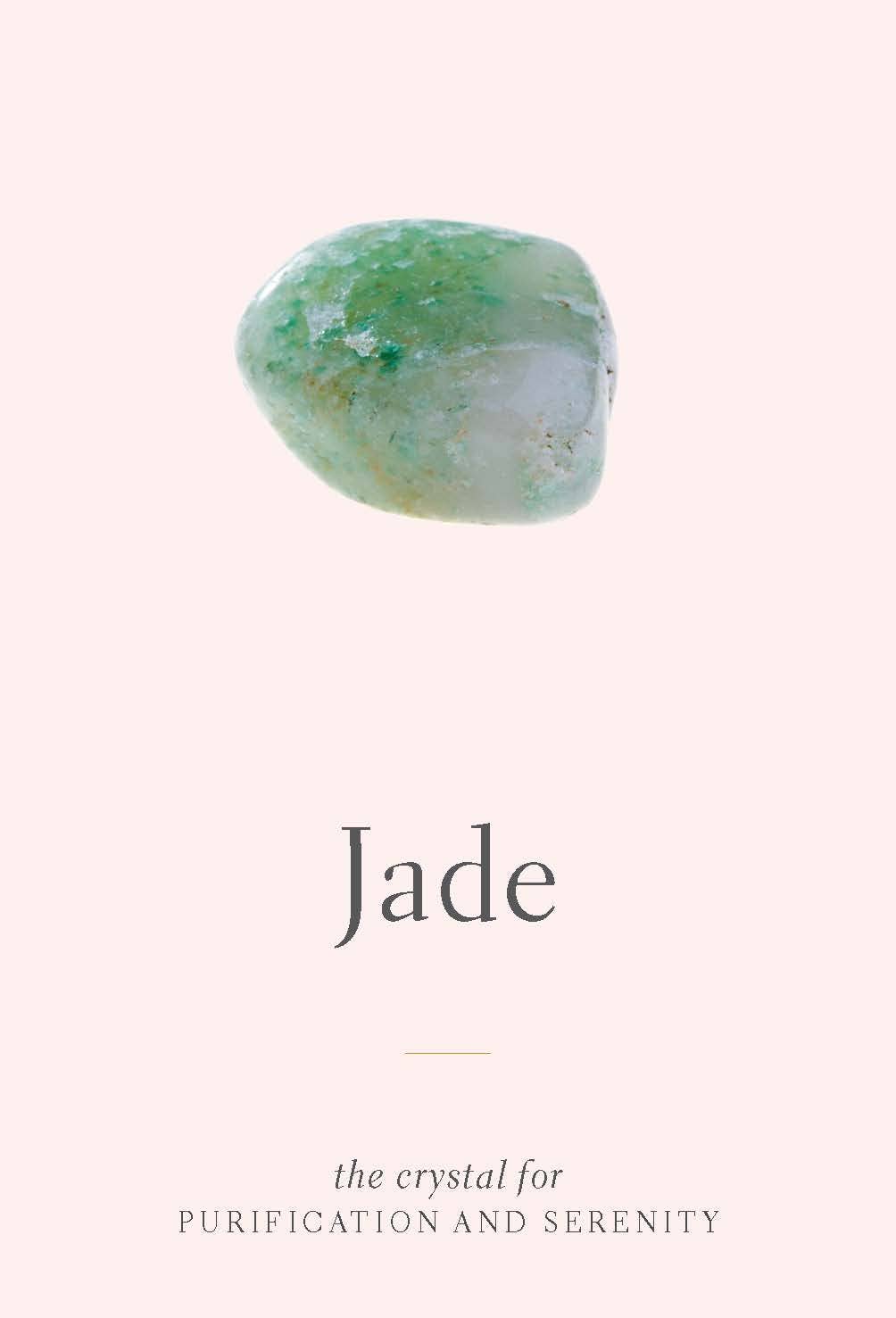 Jade crystal on a light pink background with text about purification and serenity.