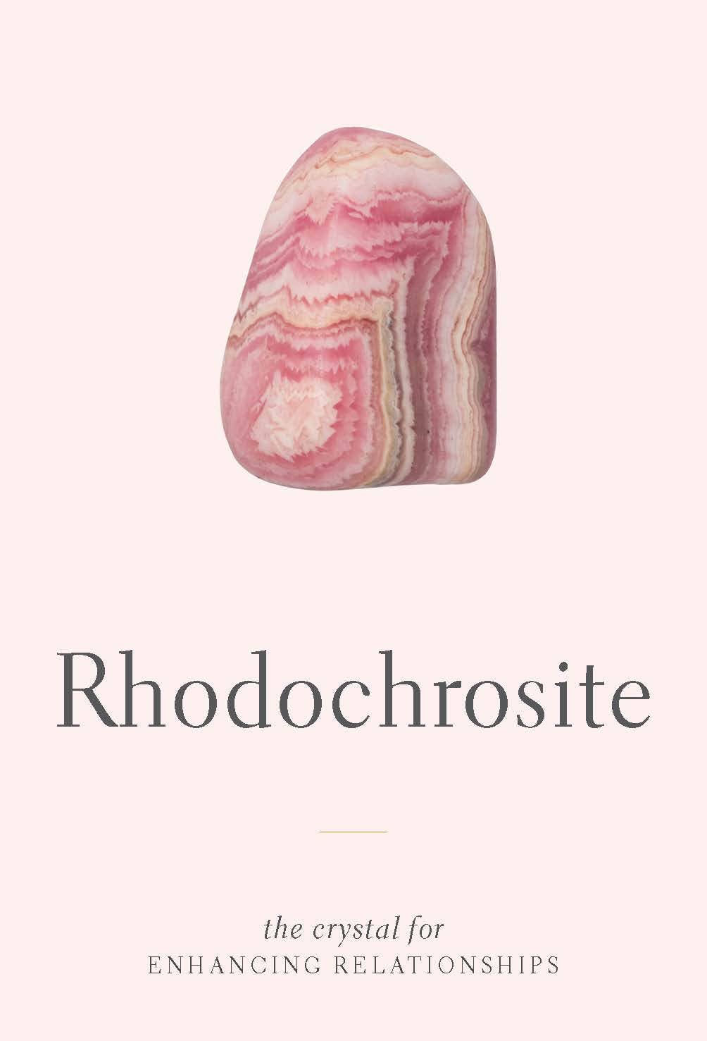 Rhodochrosite crystal on a white background with text about its properties.