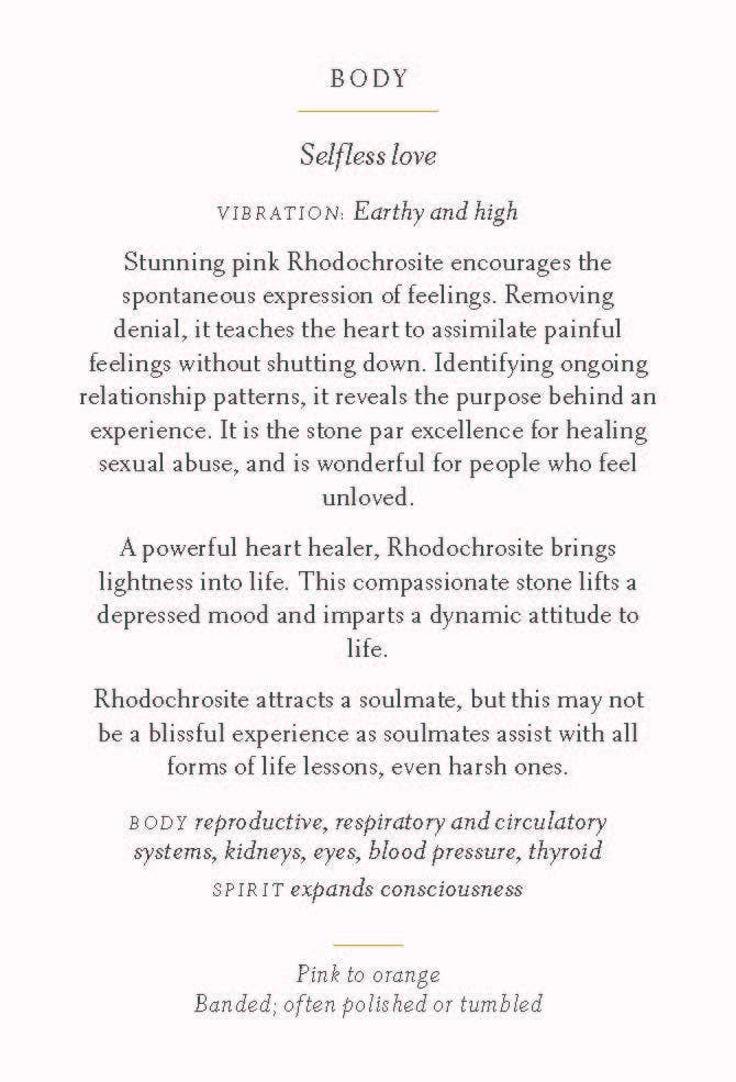 Text description of pink rhodochrosite properties on a white background