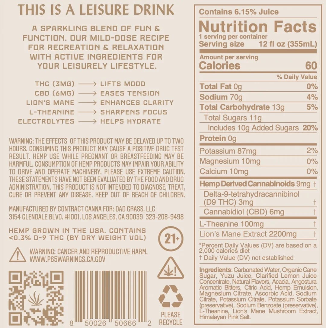 Nutrition facts label for a leisure drink with text and icons on a brown background