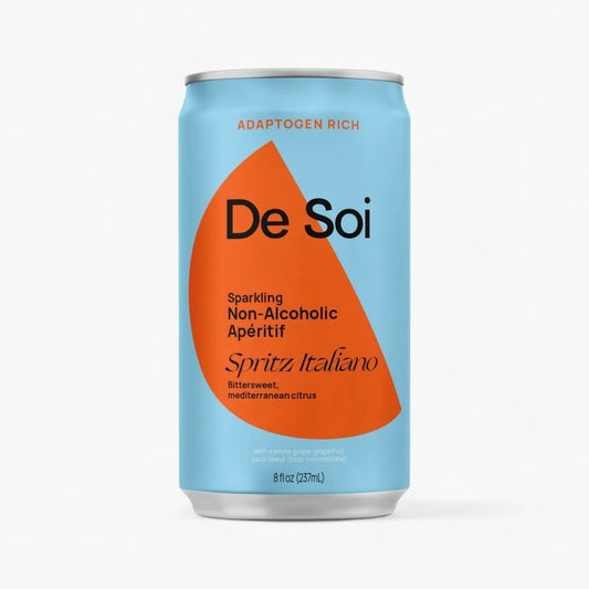 De Soi sparkling non-alcoholic apéritif can with orange and blue design on a white background