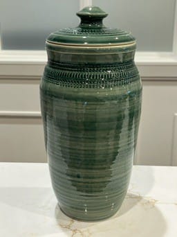 Green lidded porcelain vase
Mike Teal pottery
Hand-thrown large ceramic vessel
Cone 6 functional stoneware