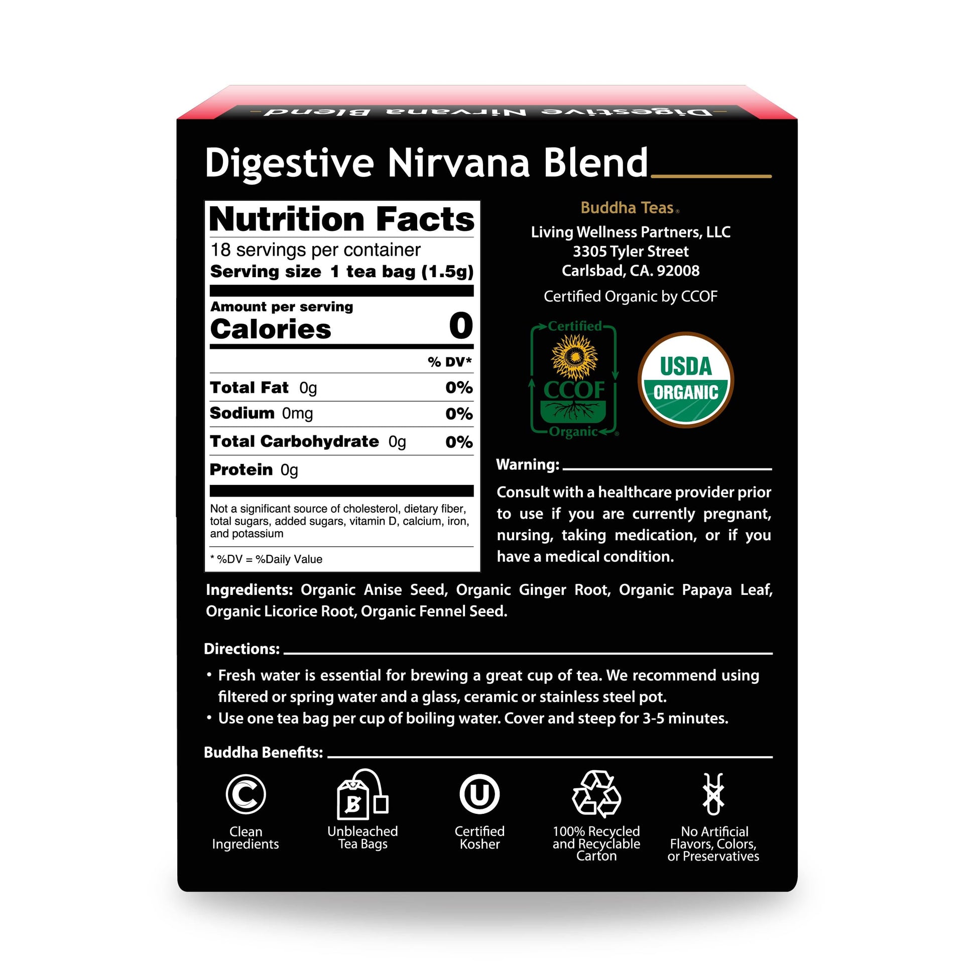 Box of Digestive Nirvana Blend tea with nutrition facts and branding information.