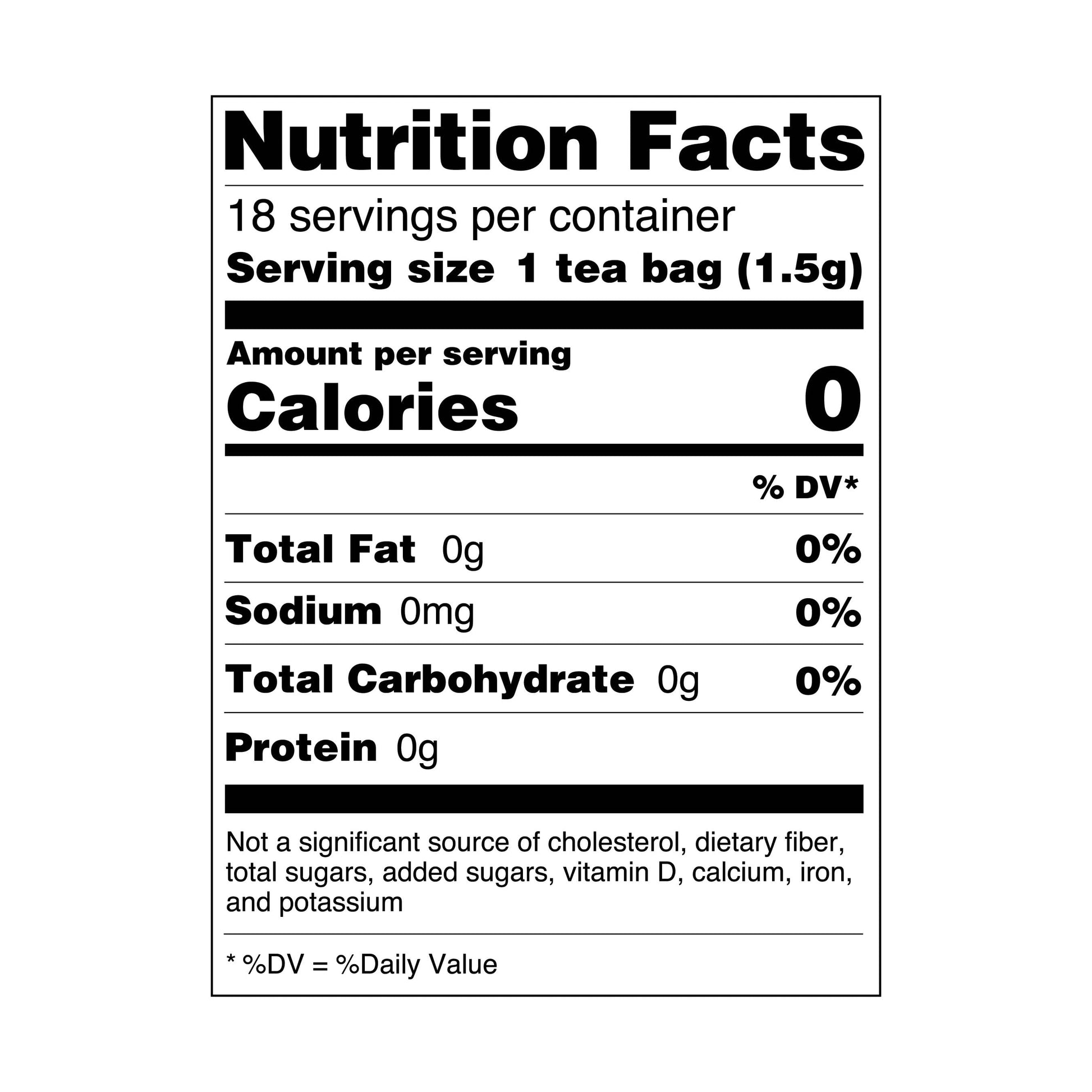 Nutrition facts label for a tea product with serving size and calories information.