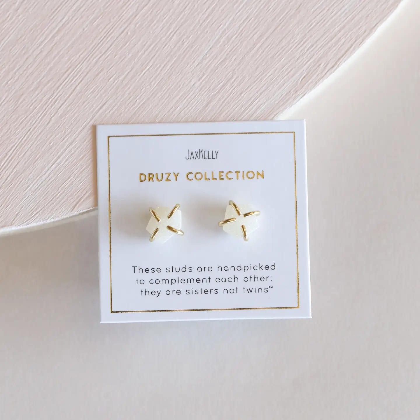 white druzy earrings, gold druzy studs, prong set druzy, gemstone stud earrings, hypoallergenic gold earrings, natural druzy jewelry, positive energy stones