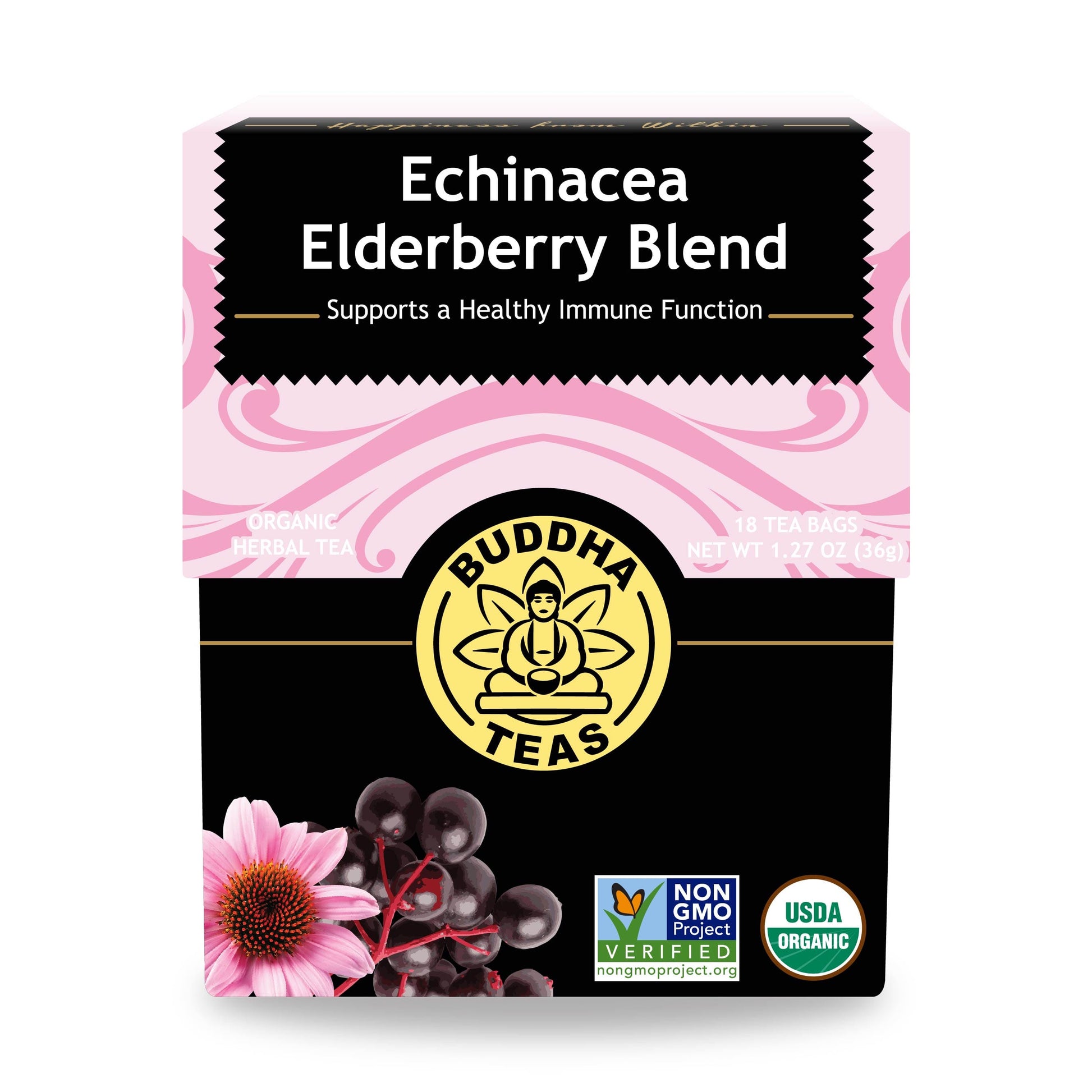 Defend and restore with Buddha Teas Echinacea Elderberry Blend—antioxidant-rich, immune-boosting herbal tea with Vitamin C and soothing peppermint.