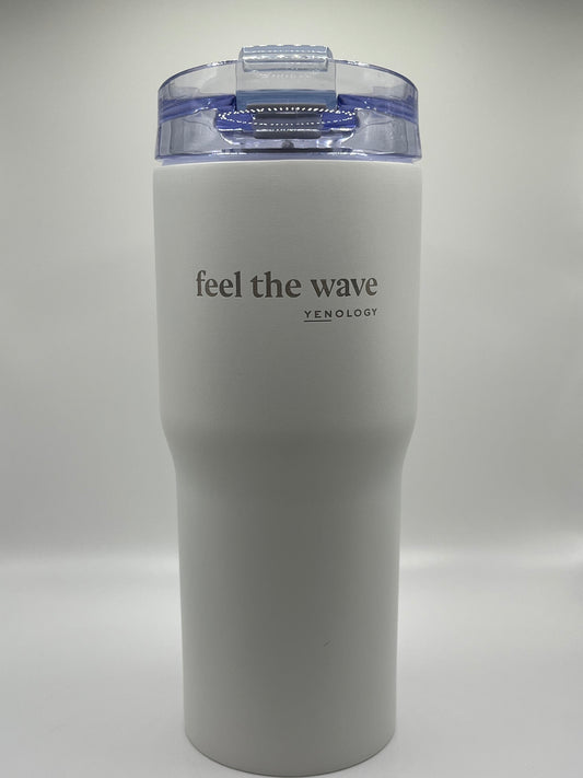 YENology tumbler, feel the wave mug, stainless steel tumbler, insulated cup, mindfulness drinkware, travel mug, reusable tumbler, eco-friendly cup, wellness accessories, thermal tumbler