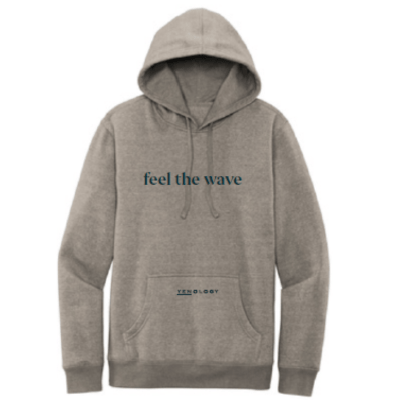 YENology hoodie, feel the wave hoodie, grey fleece hoodie, cozy sweatshirt, mindful apparel, wellness fashion, soft fleece hoodie, unisex hoodie, meditation wear, peaceful clothing
