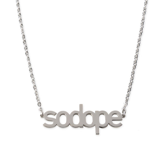 Silver necklace with 'sodope' pendant on a white background
