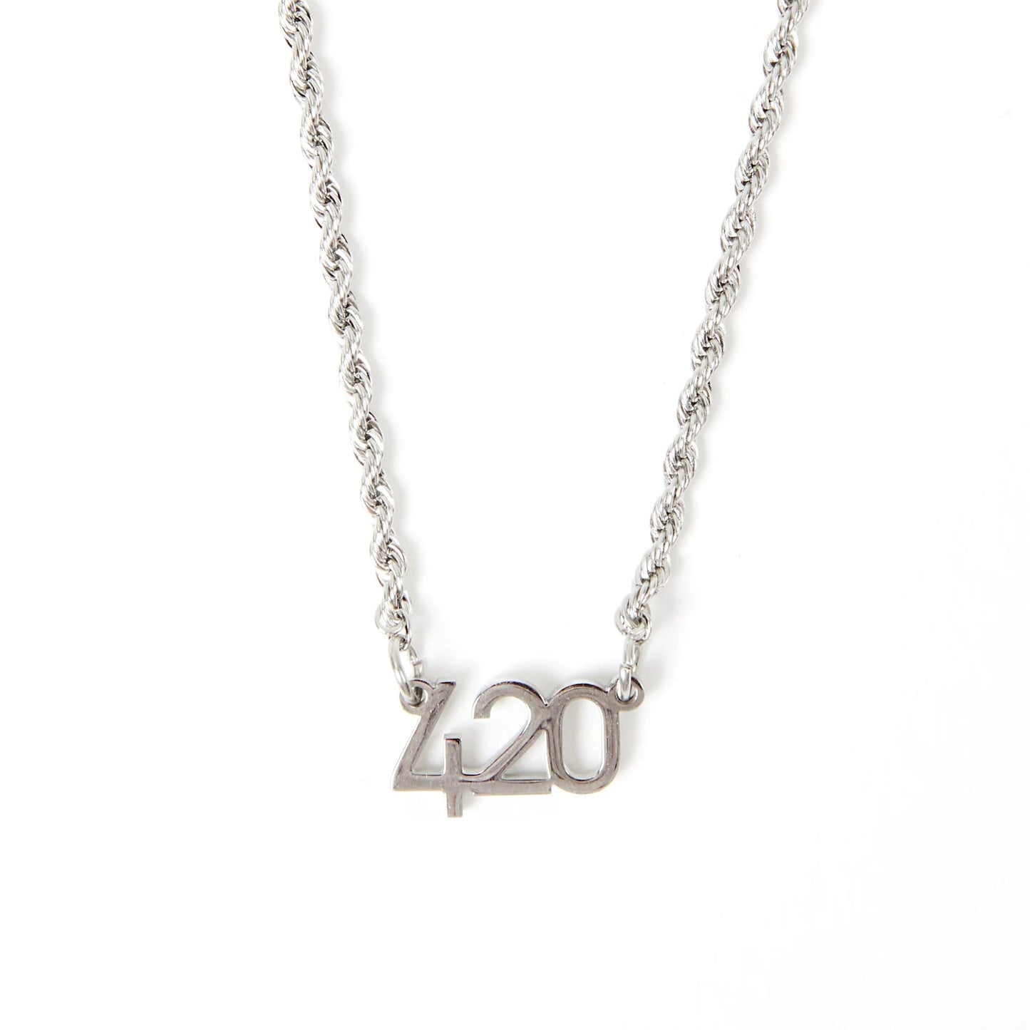 Silver '420' necklace on a white background