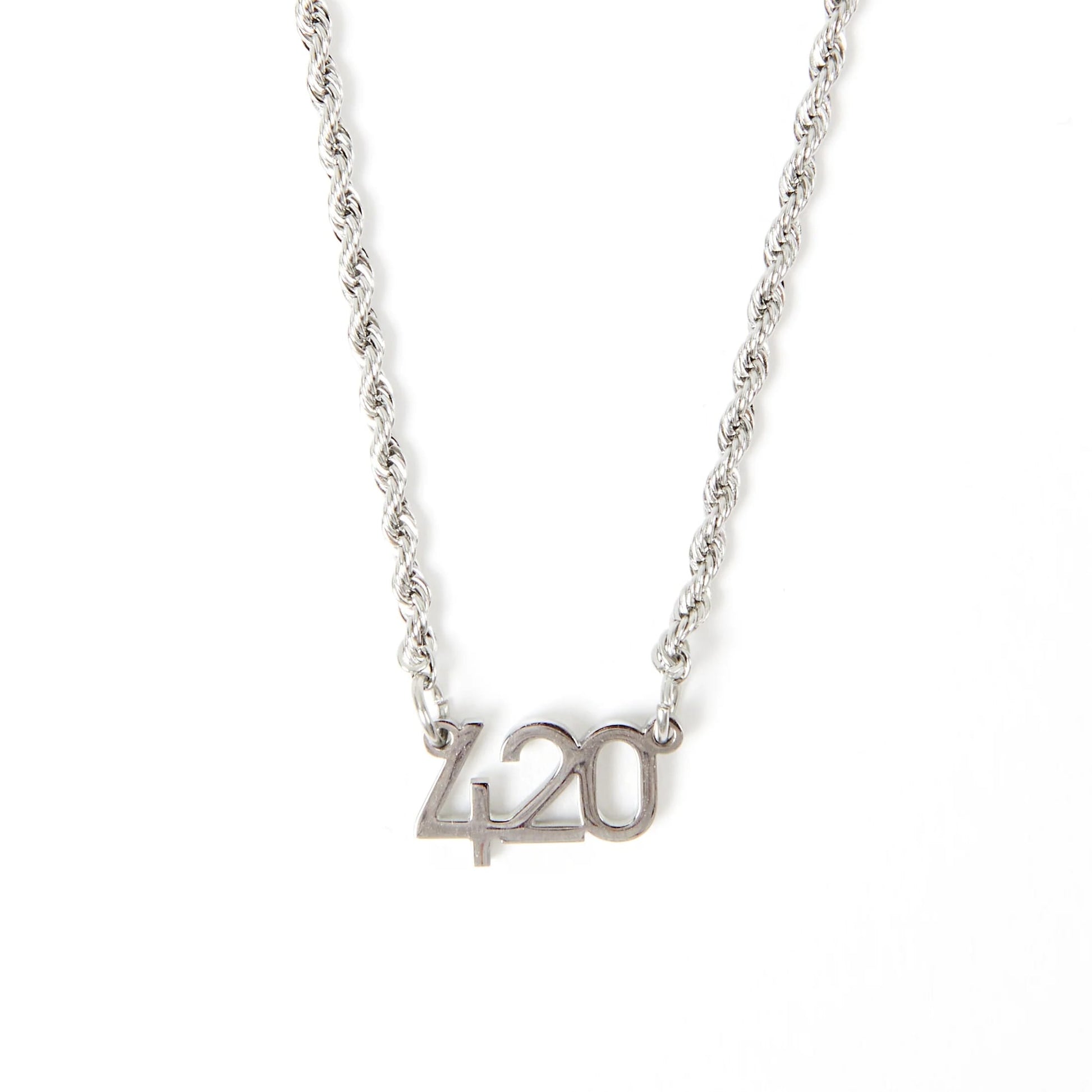 Silver '420' necklace on a white background