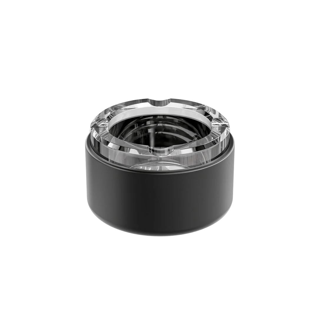 Black and clear ashtray on a white background