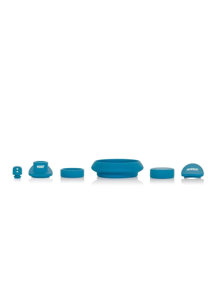 Set of blue silicone kitchen tools on a white background