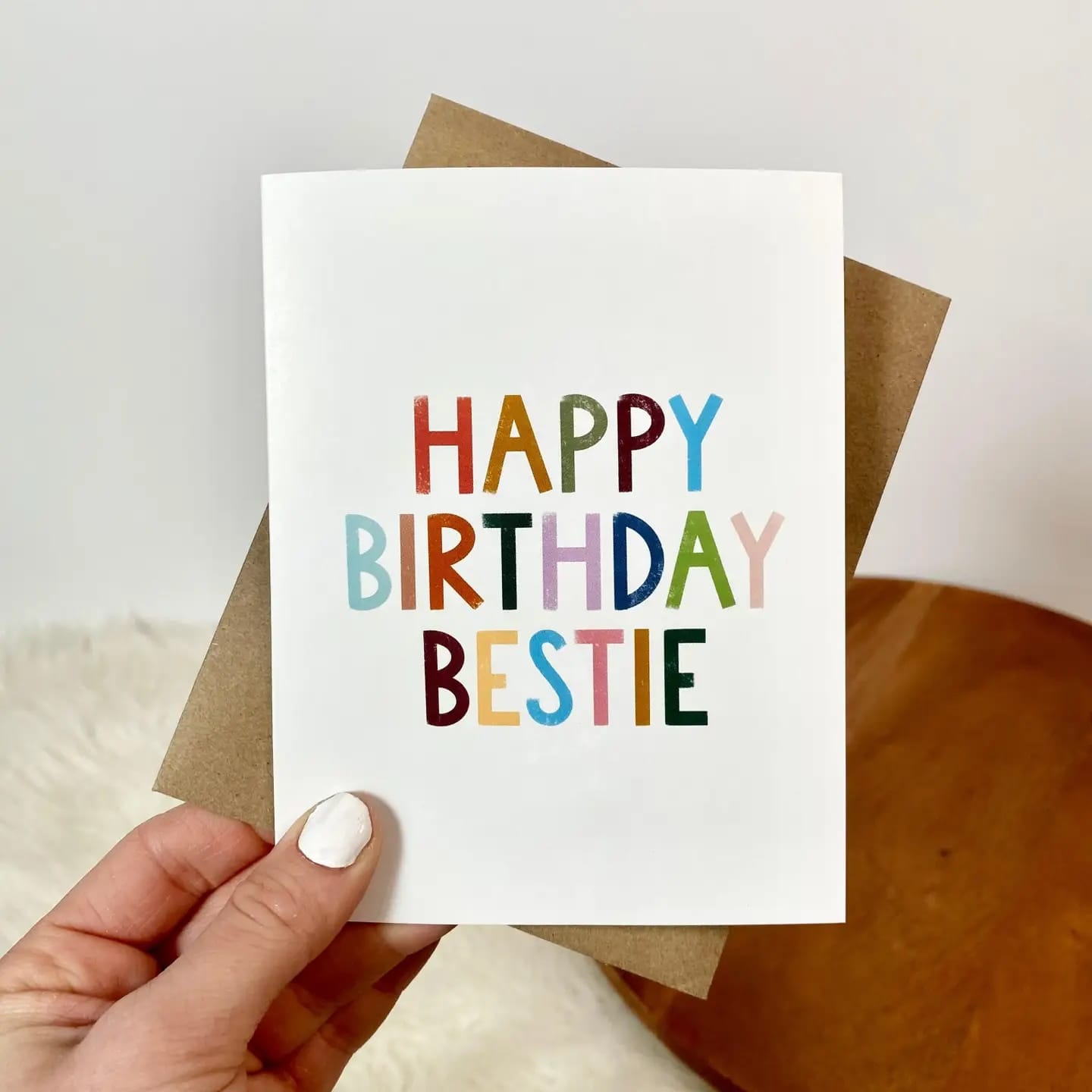 “Bestie Birthday Card” hand-drawn greeting card on matte cardstock.