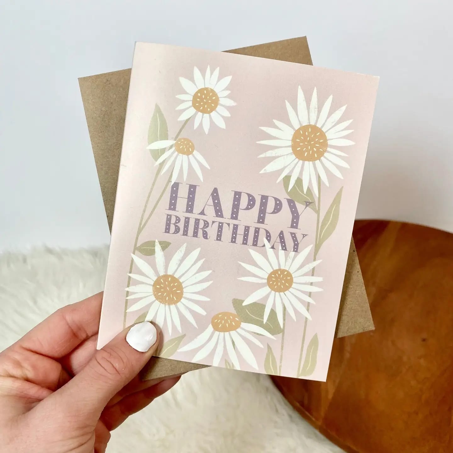 “Happy Birthday Daisy Card” hand-drawn floral birthday greeting card.